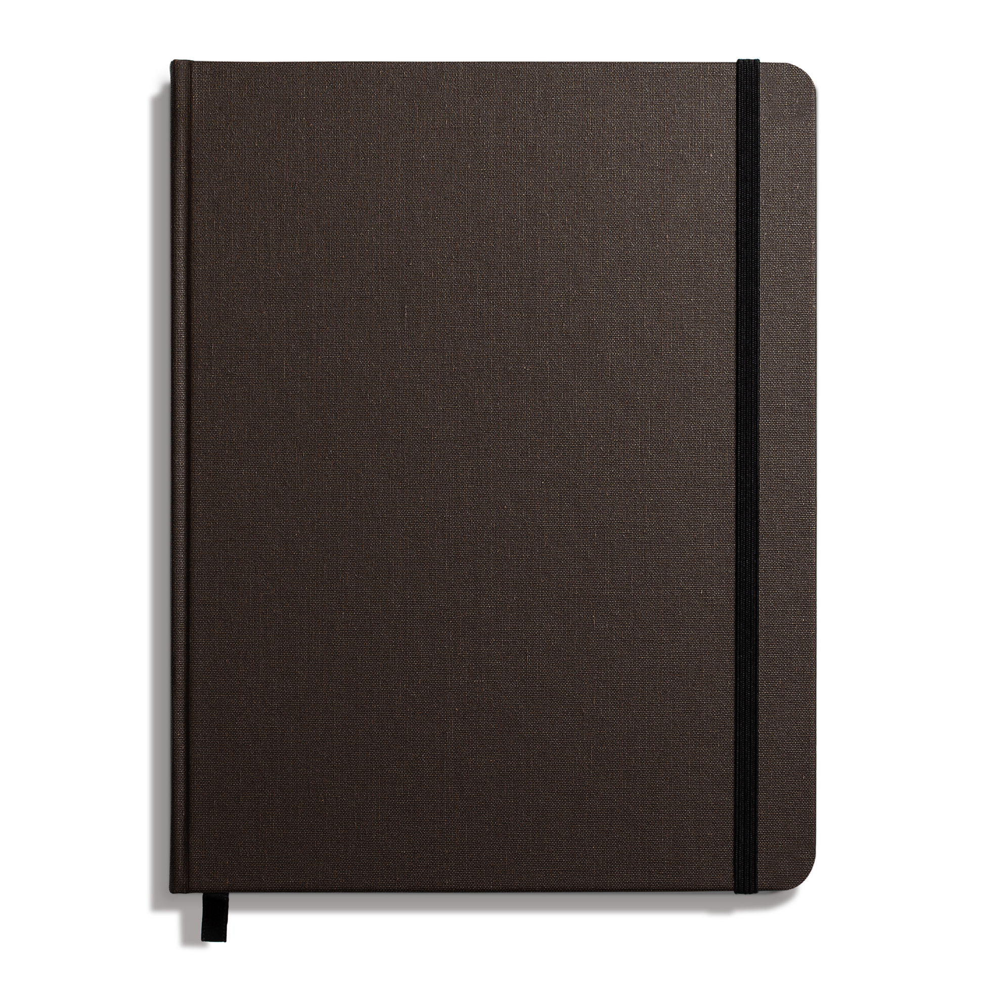 The Shinola Large Hard Ruled Journal in Espresso features a durable closed linen cover, black elastic band on the right edge, and a black ribbon bookmark, offering classic style and lasting quality.