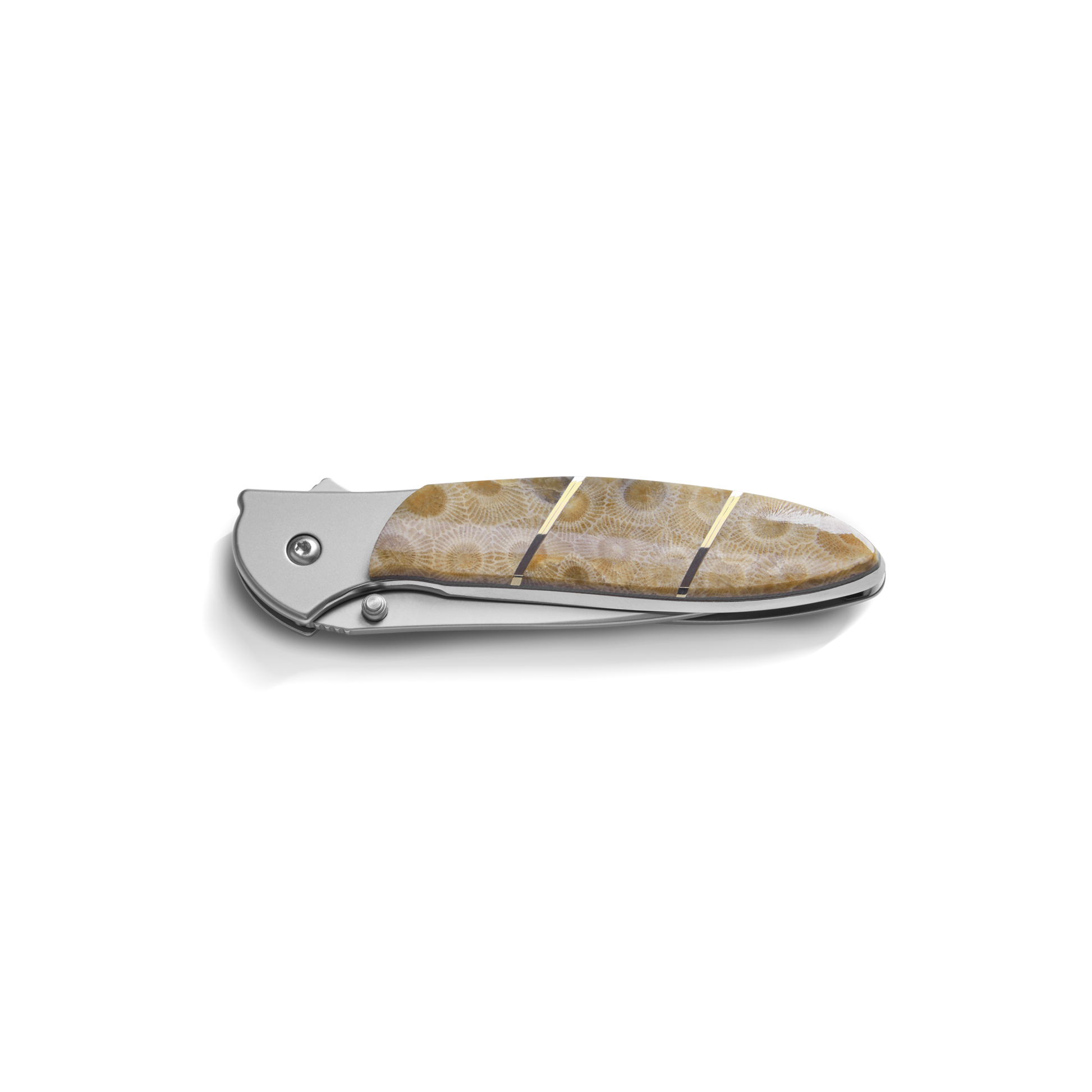 The Shinola + Kershaw Petoskey Stone Pocket Knife features a silver frame and a tan, cream, and brown handle with gold lines, inspired by the Petoskey Stone. It is shown closed on a white background.