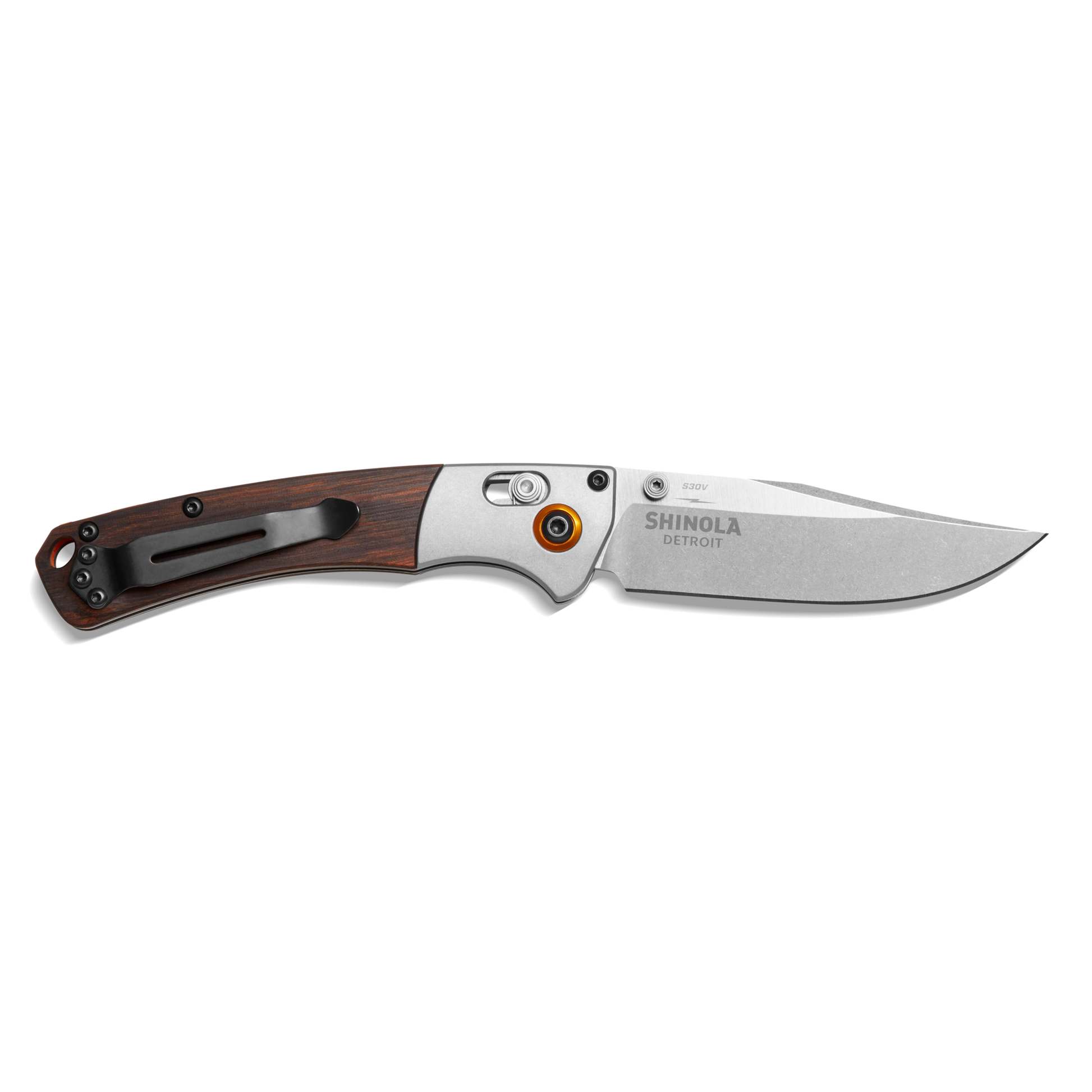 The Shinola + Benchmade Mini Crooked River Pocket Knife - Steel features a silver blade, engraved with SHINOLA DETROIT, a metal and wood handle, black pocket clip—sleek and ideal for everyday carry.