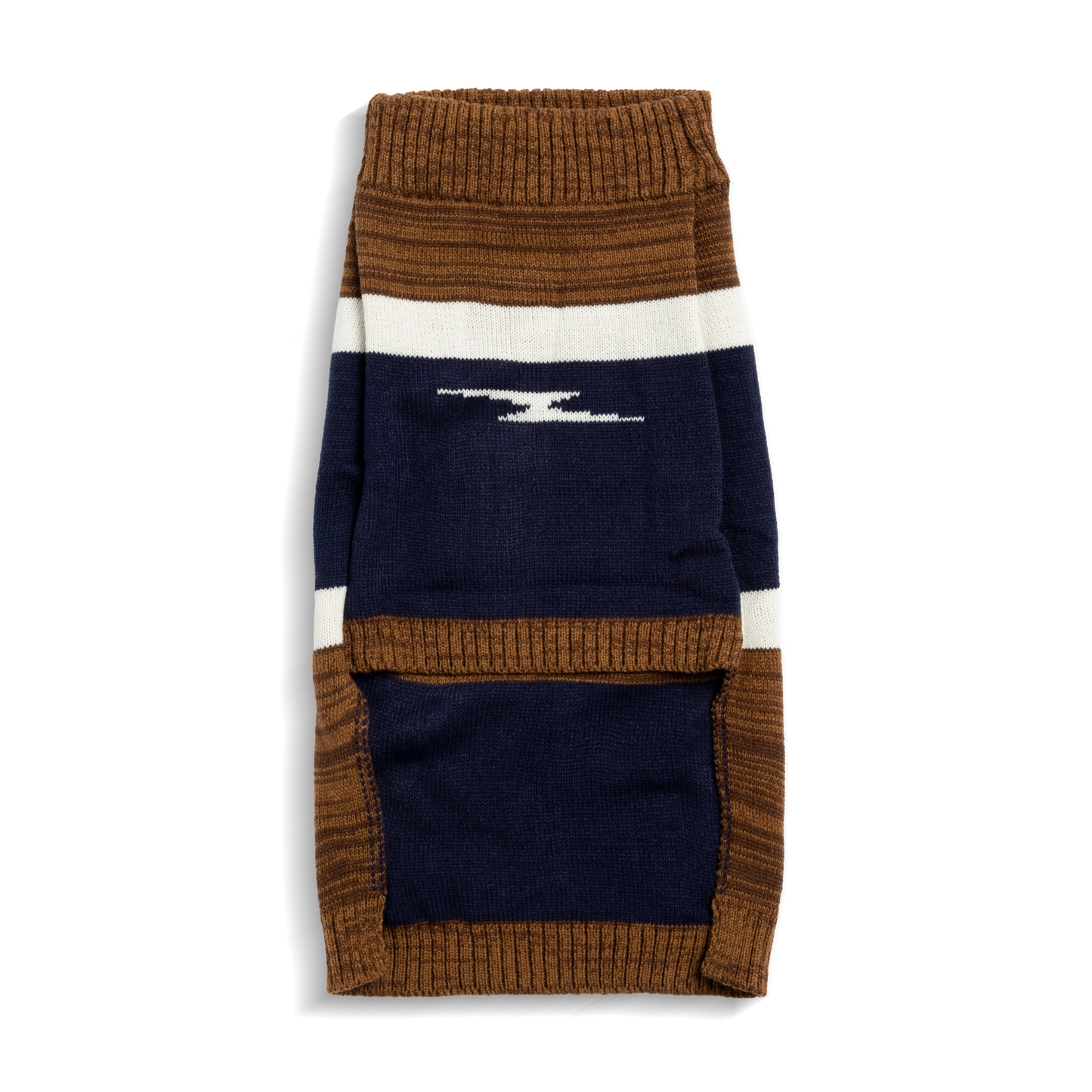 A folded Shinola Dog Sweater - Brand Stripe / Tan features tan, navy, and white color blocks with a central white wave-like logo. This classic pullover is perfect for fans of Shinola’s timeless style.