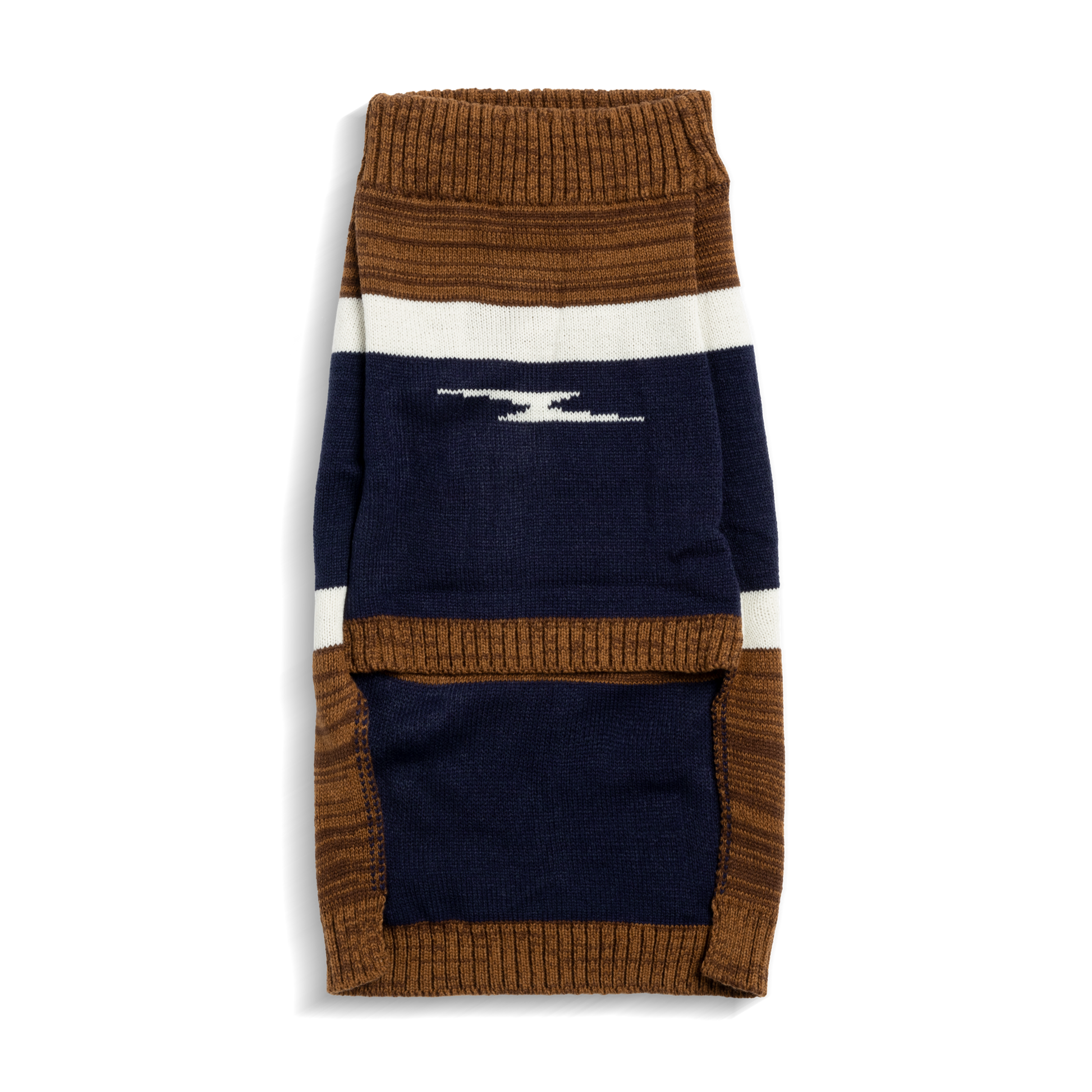 A folded Shinola Dog Sweater - Brand Stripe / Tan features tan, navy, and white color blocks with a central white wave-like logo. This classic pullover is perfect for fans of Shinola’s timeless style.