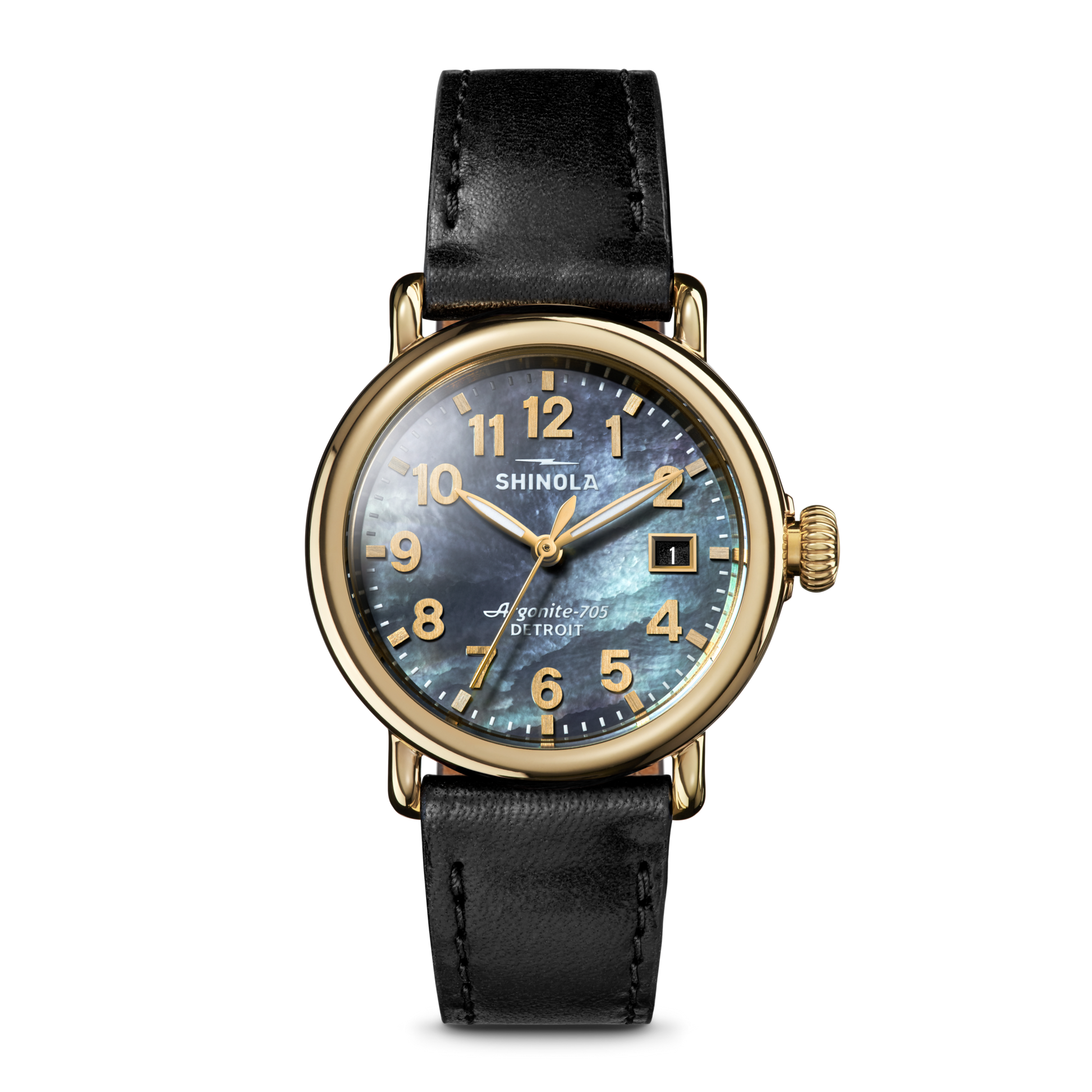 The Shinola Runwell Watch features a MOP black leather strap, dark iridescent face, gold numerals and hands, and a gold-tone stainless steel case, shown against a plain light background.