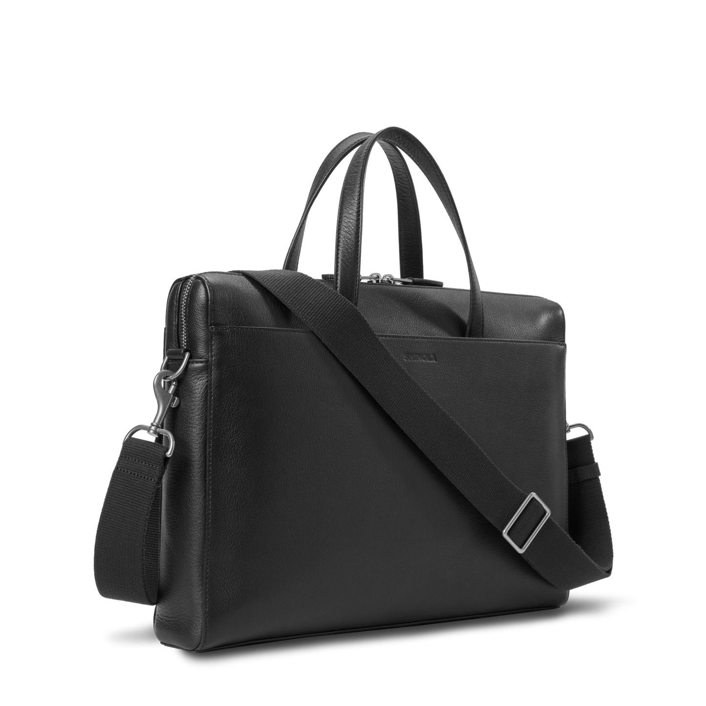 The Shinola Canfield Briefcase in black pebbled leather is designed for modern commuters, with a detachable, adjustable shoulder strap and two short handles, shown on a white background.
