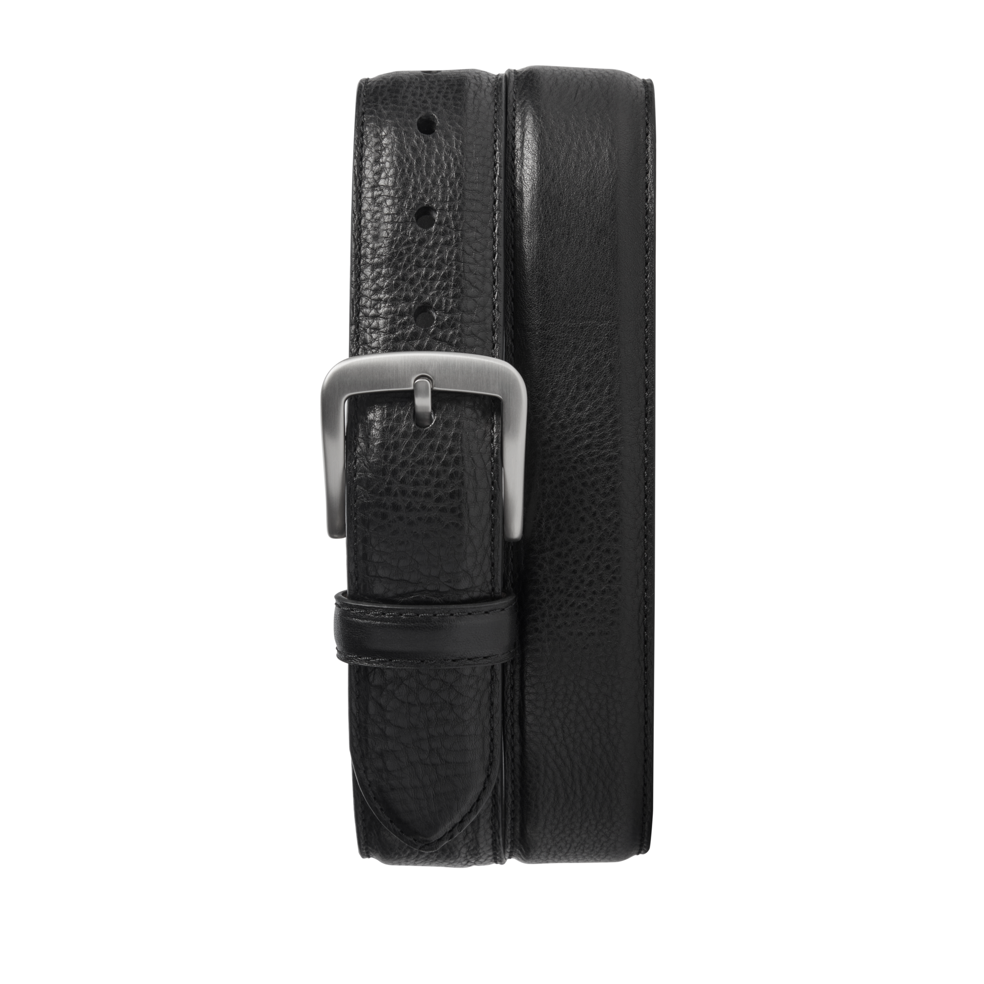 The Shinola 1 1/2" Canfield Belt in black Italian Vachetta leather features a textured finish and a classic silver rectangular buckle, shown coiled vertically on a plain white background.