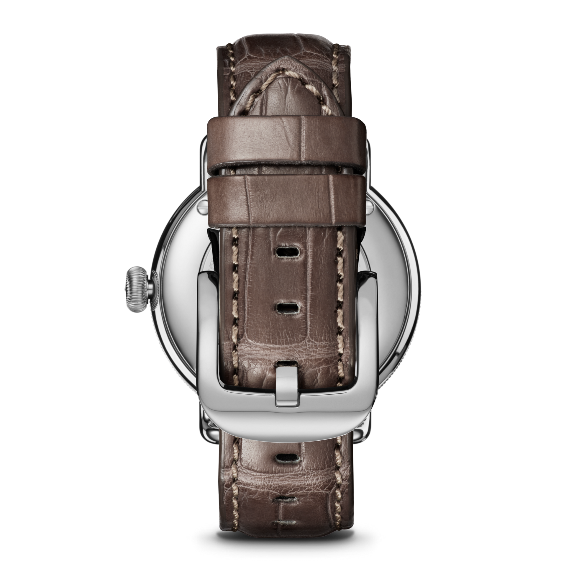 A close-up of the back of the Shinola Canfield Watch with a 38mm stainless steel case and gray brown American alligator leather strap featuring visible stitching and a silver buckle, shown on a white background.
