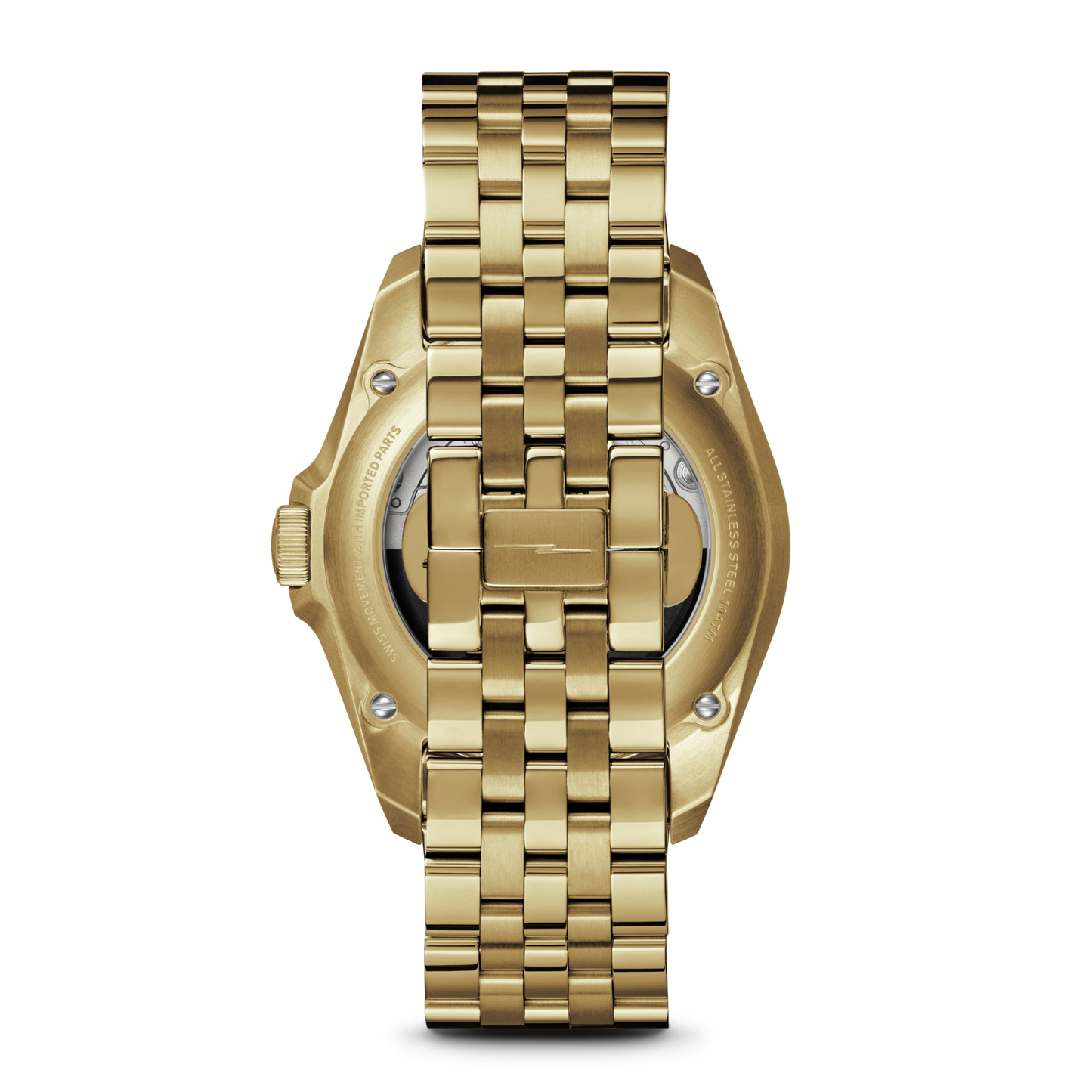 A close-up of the back of the Shinola Circadian Monster Automatic Watch - Mother of Pearl Diamond, featuring its gold metal link bracelet, clasp, and back cover set against a white background.