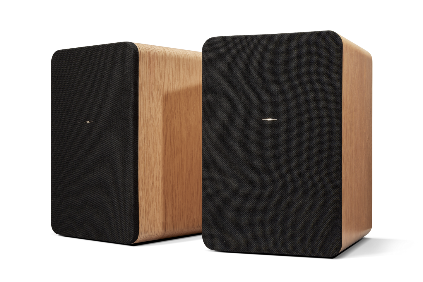 Two rectangular Shinola Bluetooth Bookshelf Speakers - Natural, featuring light wood sides and black fabric fronts with a centered logo, are placed side by side against a white background.