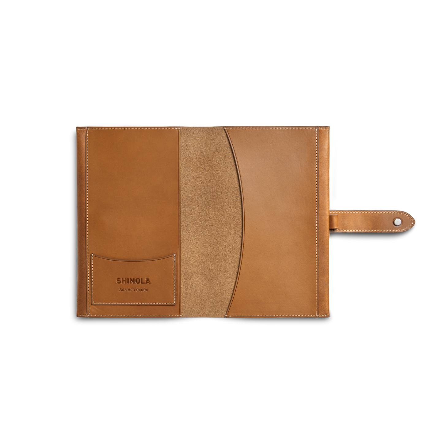 The Shinola Medium Snap Journal Cover - Tan Vachetta features a tan Italian leather cover, snap closure, interior pockets, and SHINOLA embossed on the inside. Its suede-like interior makes it perfect for a personalized journal cover.