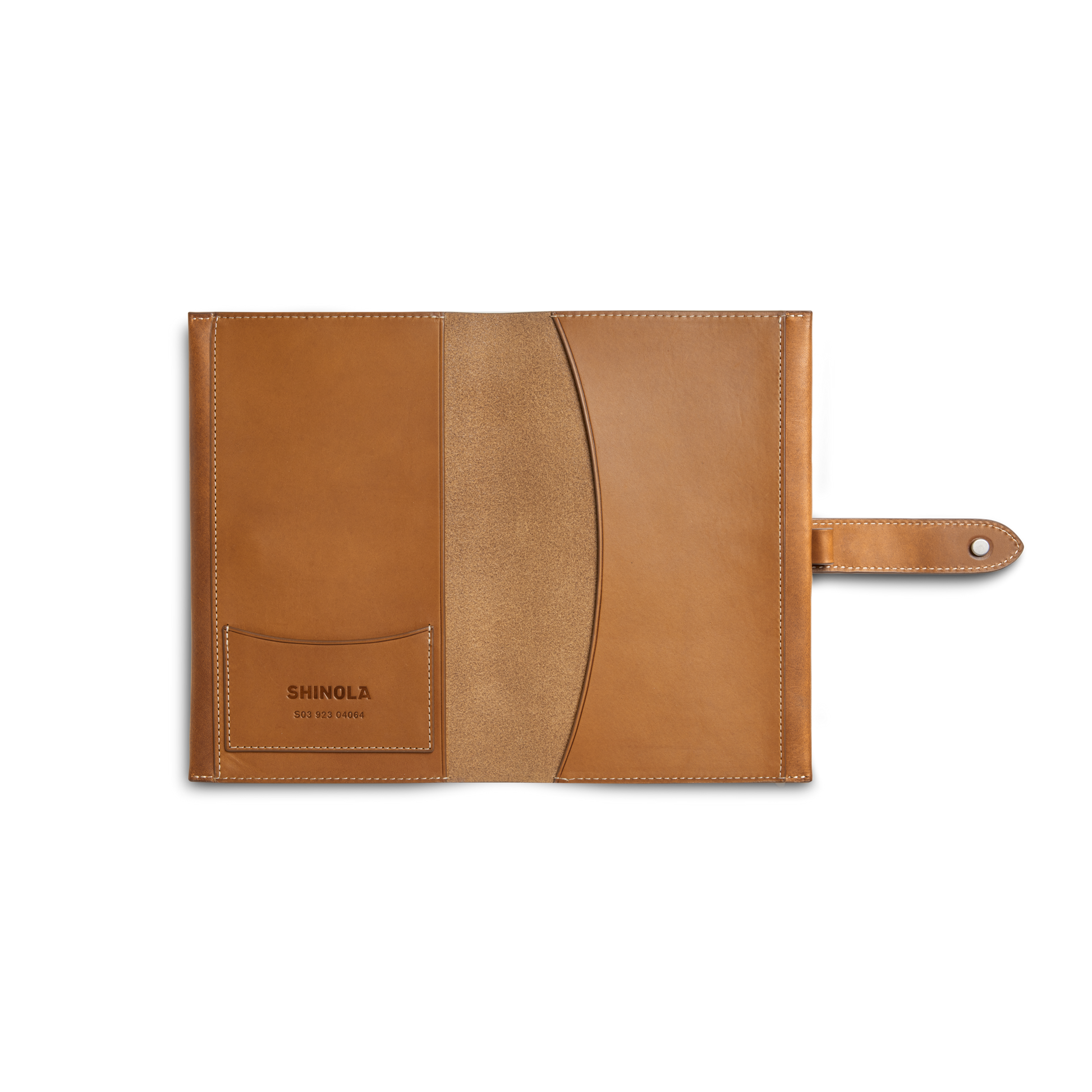 The Shinola Medium Snap Journal Cover - Tan Vachetta features a tan Italian leather cover, snap closure, interior pockets, and SHINOLA embossed on the inside. Its suede-like interior makes it perfect for a personalized journal cover.