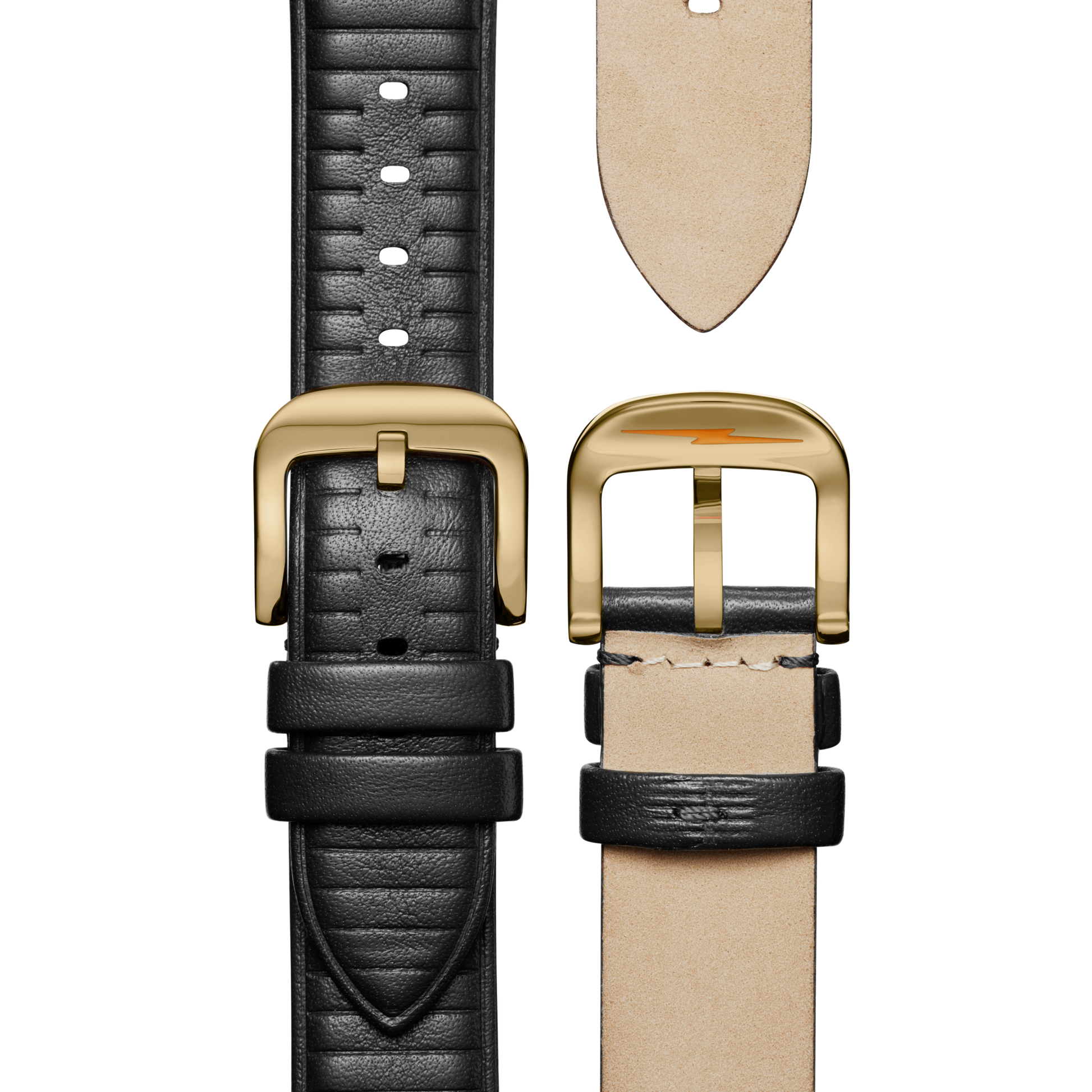 Close-up of the Shinola Mechanic Watch - Black/Gold’s leather strap, showing gold buckle, detailed stitching, holes, and tan underside—ideal for your favorite mechanical timepiece—displayed against a white background.