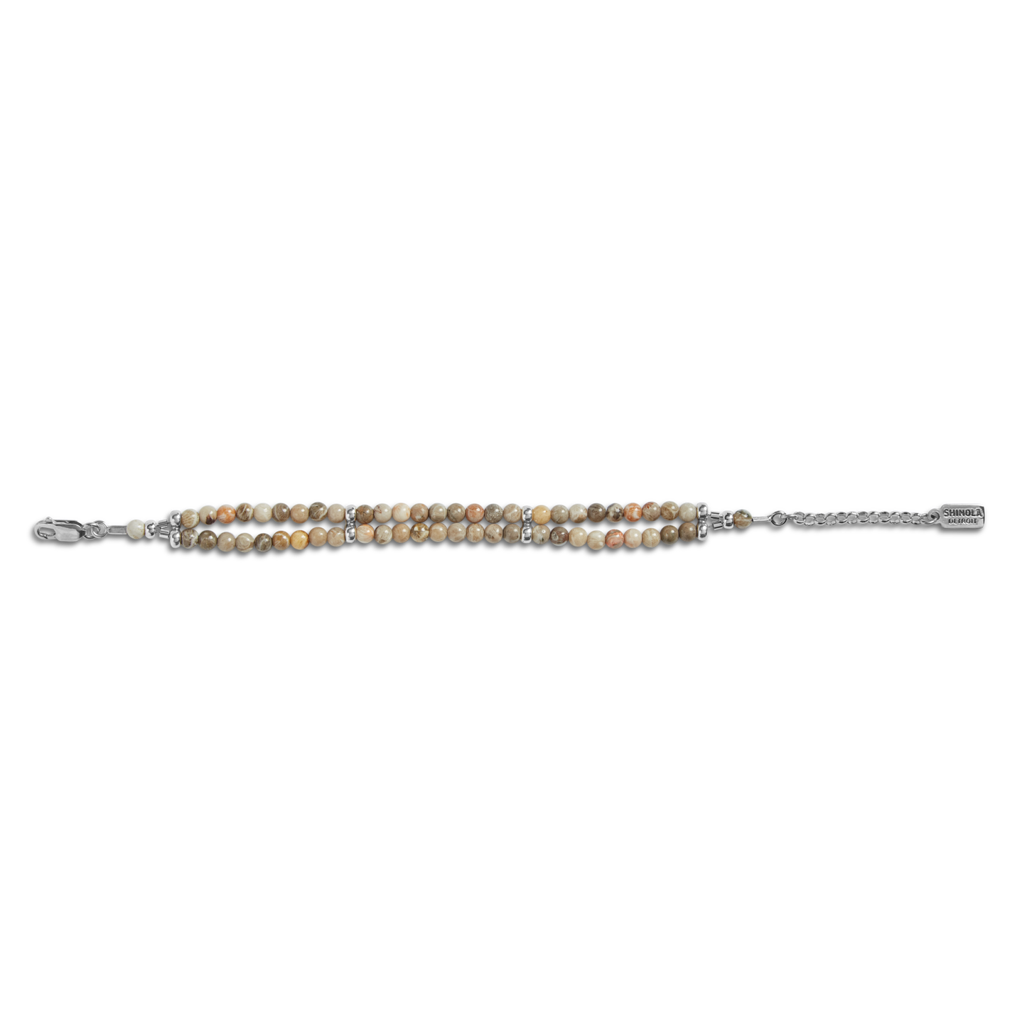 The Shinola Double Row Petoskey Beaded Bracelet – Sterling Silver features round, earthy-toned beads with silver accents and an engraved tag—perfect for showcasing natural beauty.