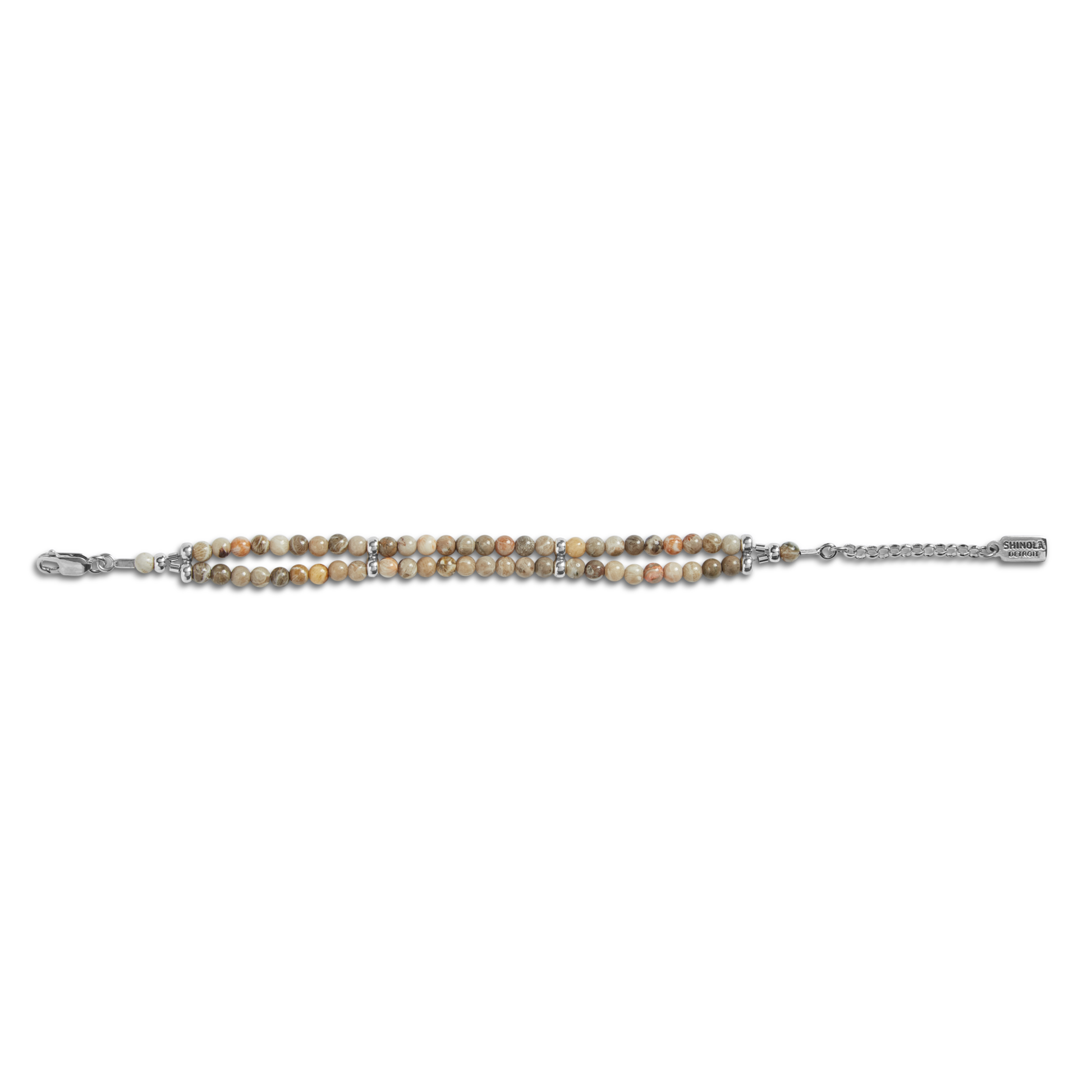 The Shinola Double Row Petoskey Beaded Bracelet – Sterling Silver features round, earthy-toned beads with silver accents and an engraved tag—perfect for showcasing natural beauty.
