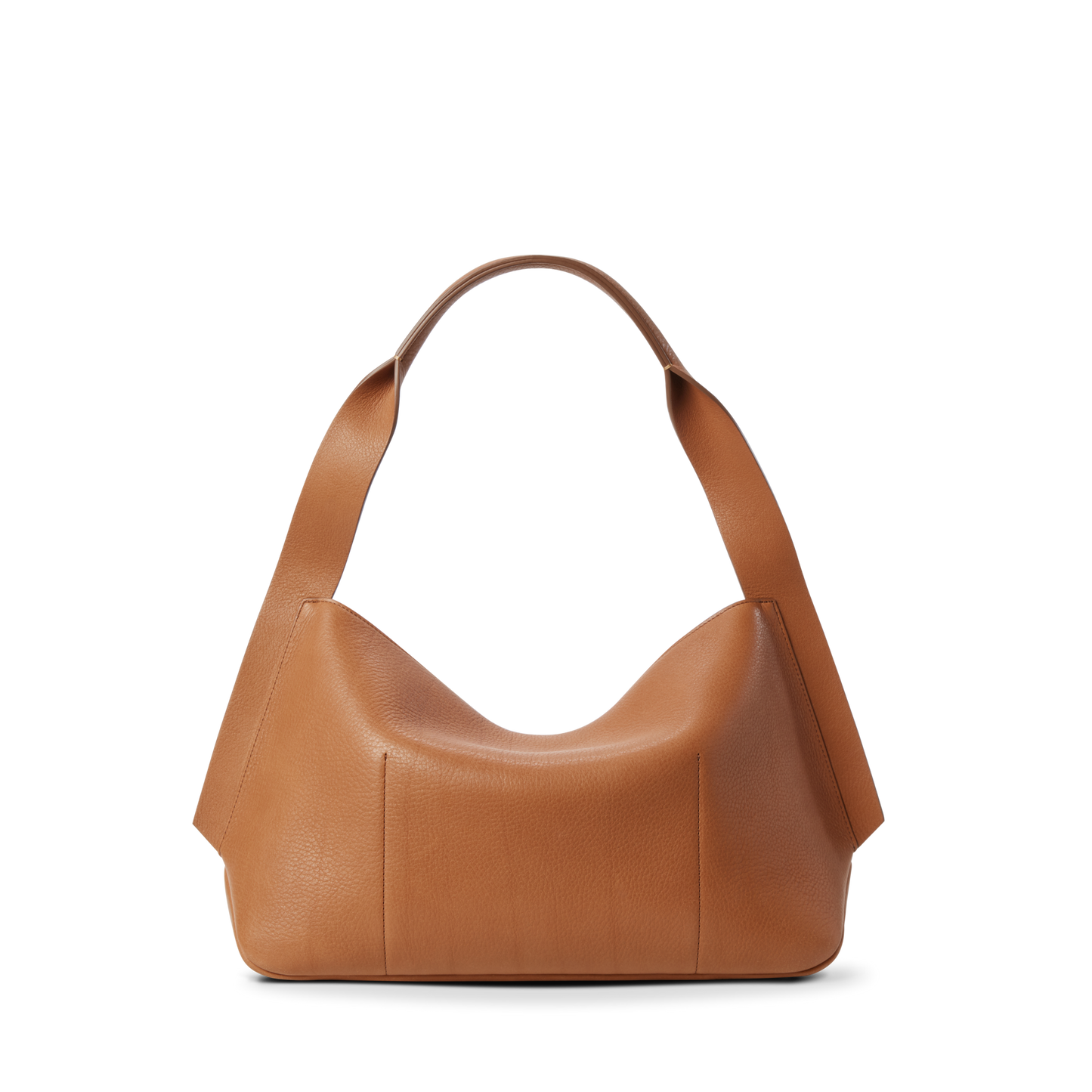 The Shinola Medium Derby Shoulder Bag in tan features natural grain leather, a wide strap, and a minimalist design, shown against a plain white background.