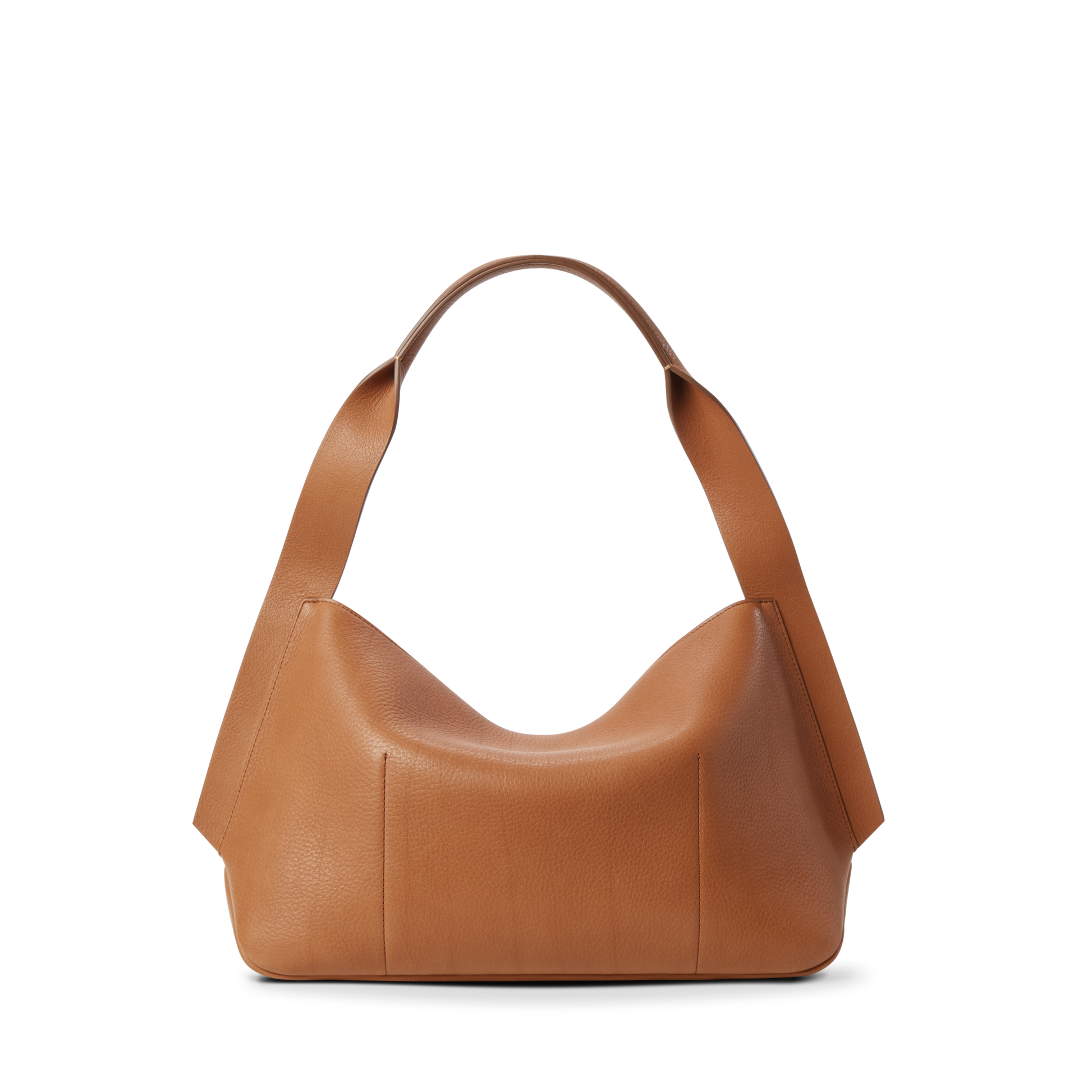 The Shinola Medium Derby Shoulder Bag in tan features natural grain leather, a wide strap, and a minimalist design, shown against a plain white background.