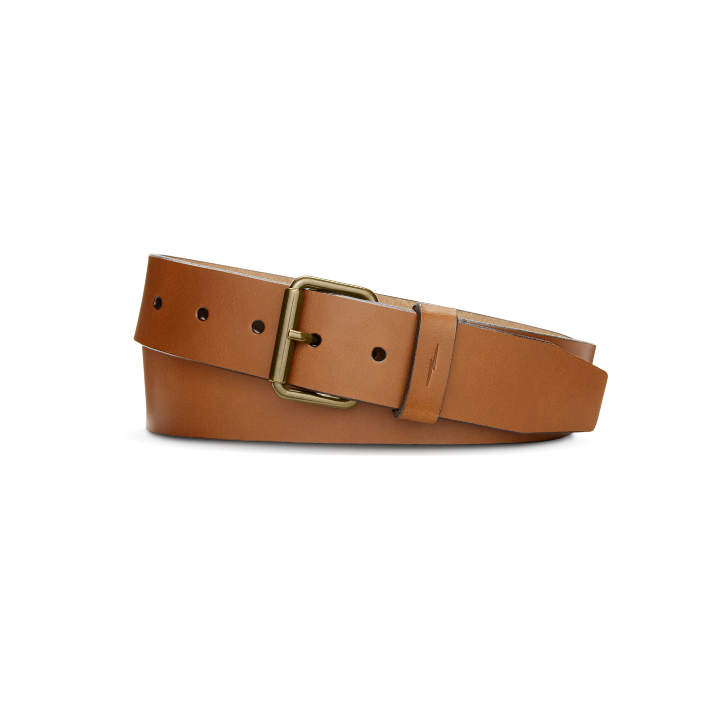 The Shinola 1 1/2" Rambler Belt in tan bridle leather features a brass buckle and is shown coiled on a plain white background.