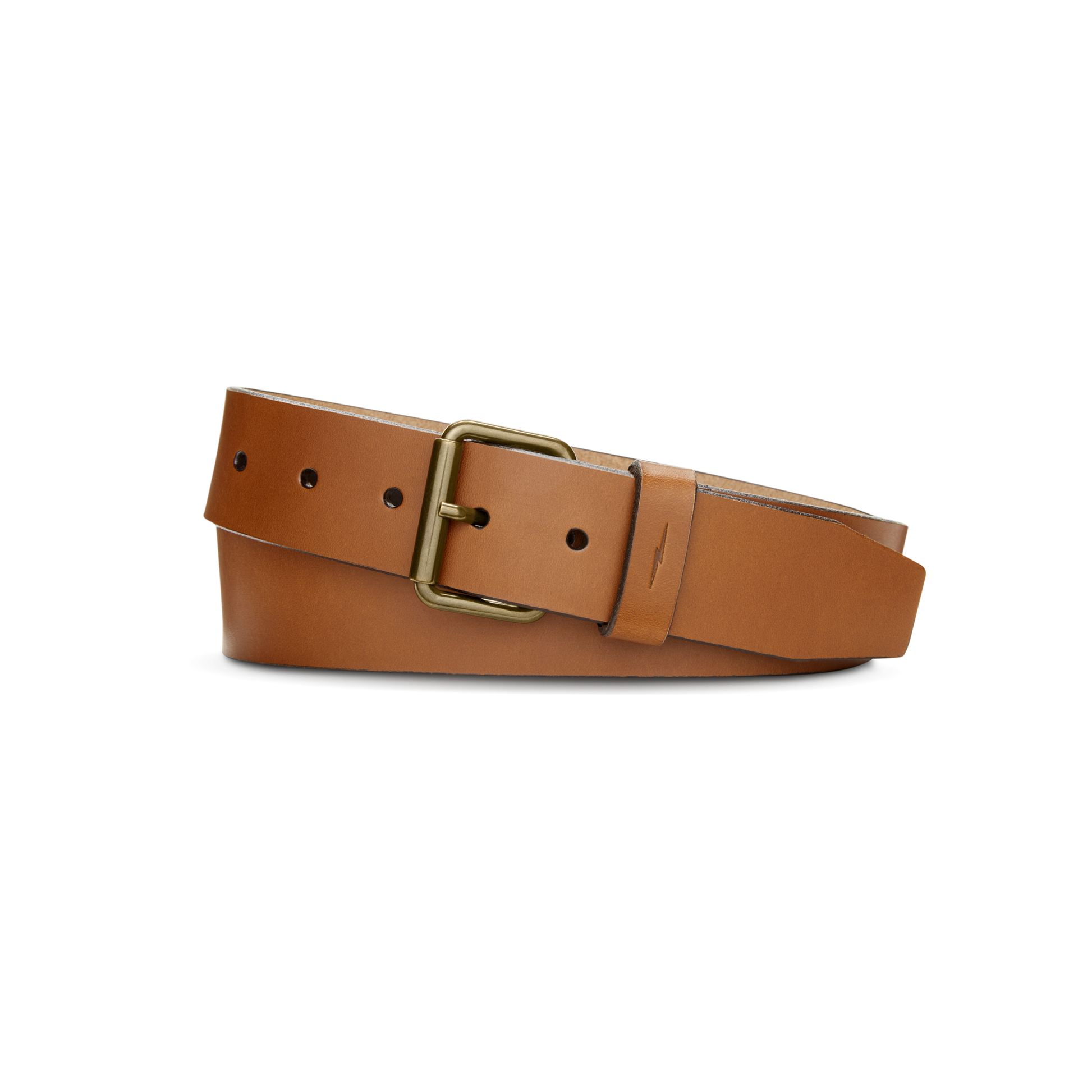 The Shinola 1 1/2" Rambler Belt in tan bridle leather features a brass buckle and is shown coiled on a plain white background.