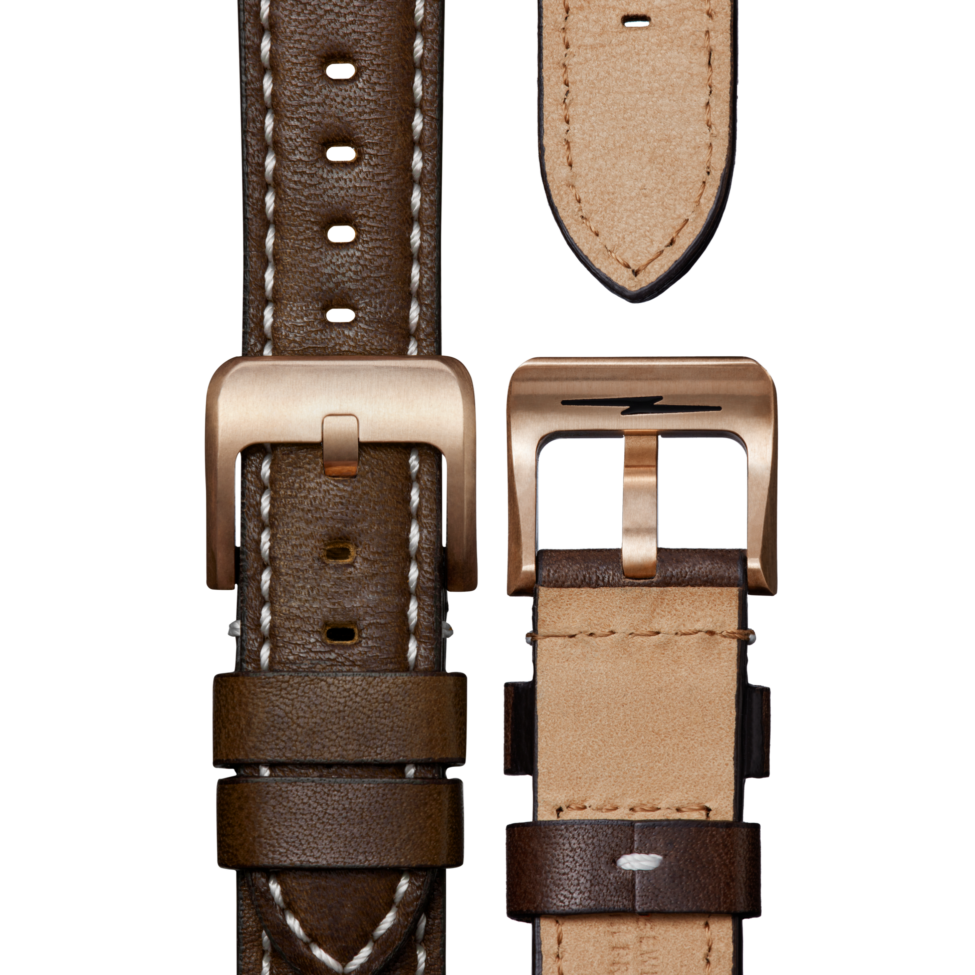 The Shinola QR Strap: 20/18 Smooth Essex, CN, TT Classic, BrBrz - Deep Brown features brown leather with white stitching, a gold-toned buckle, and beige underside. Shown from both sides to highlight the stitching and buckle details.