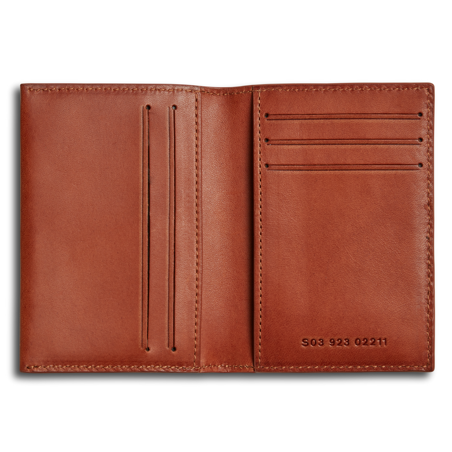 The Shinola Folded Card Holder - Rust is made from Italian Vachetta leather, with multiple card slots and S03 923 02211 gold-stamped on the lower right.