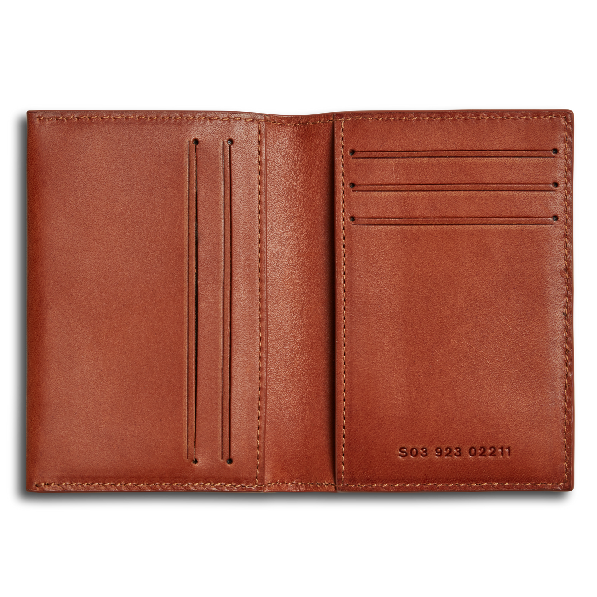 The Shinola Folded Card Holder - Rust is made from Italian Vachetta leather, with multiple card slots and S03 923 02211 gold-stamped on the lower right.