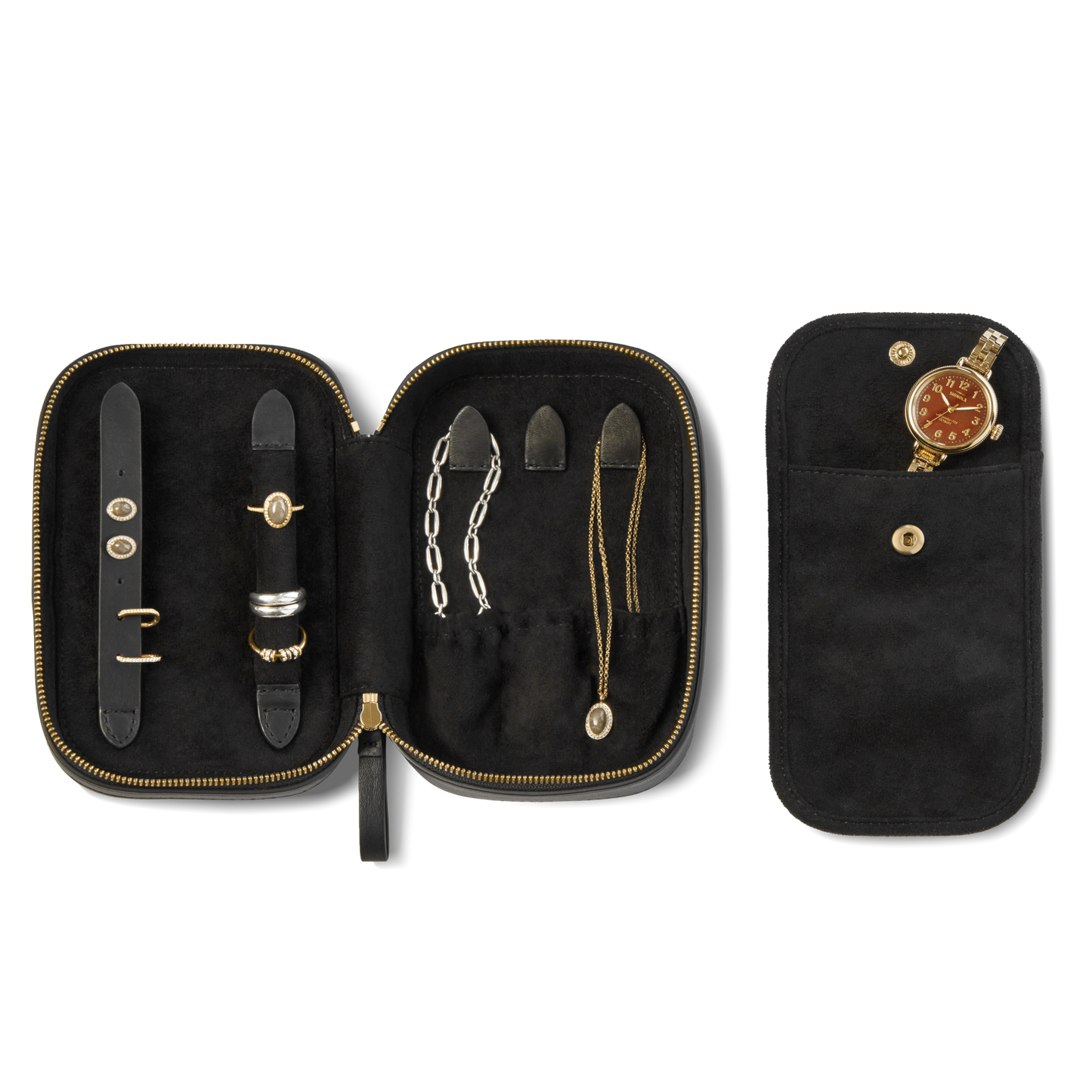 The Shinola Travel Jewelry Case - Black features a zippered closure, organized slots for rings, bracelets, necklace, watch on a separate flap, removable pouch, and soft black interior—ideal for keeping jewelry secure on the go.
