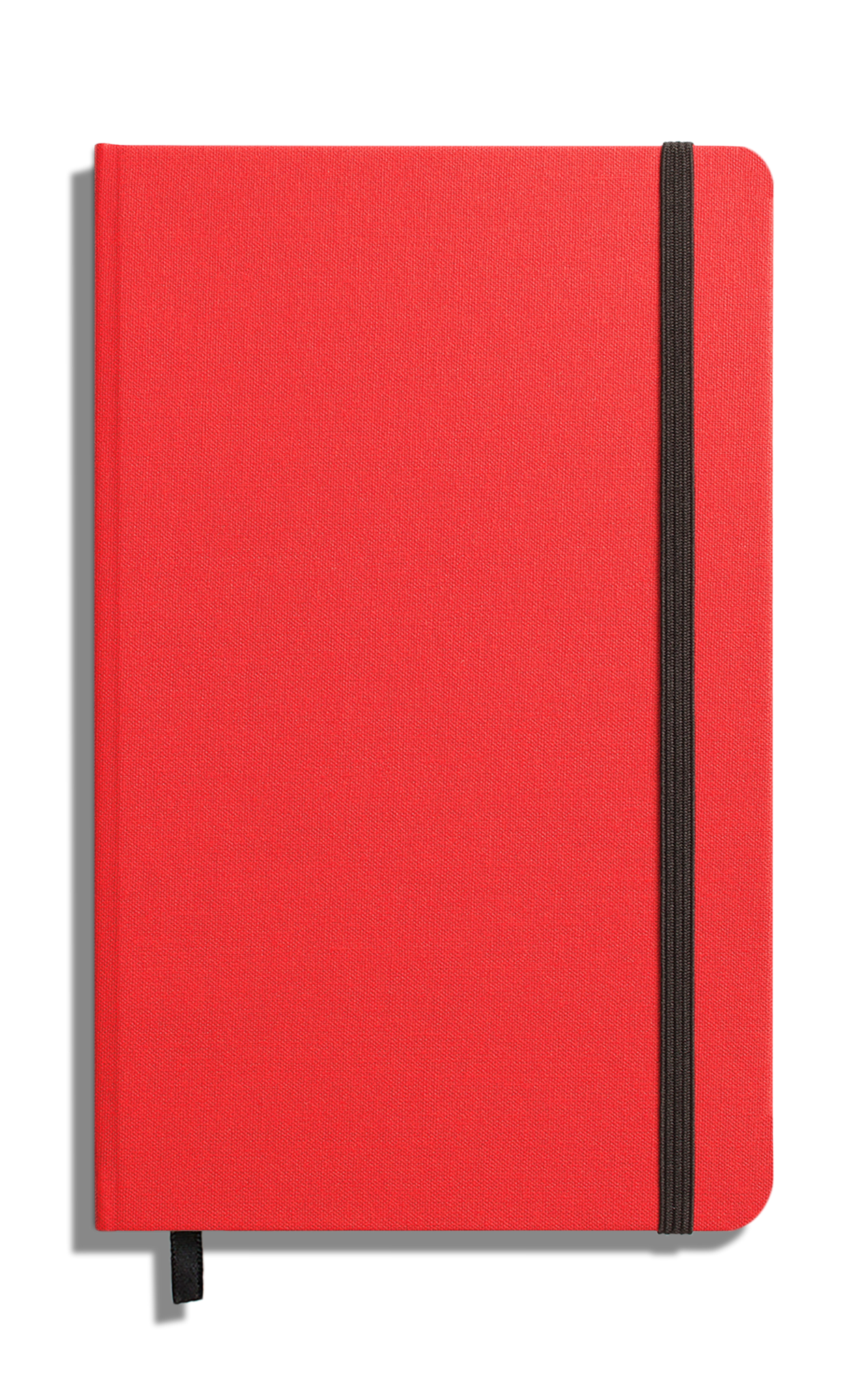 The Shinola Medium Hard Ruled Journal in Tomato features a closed red linen cover with a black elastic band on the right edge and a black ribbon bookmark, shown on a white background.