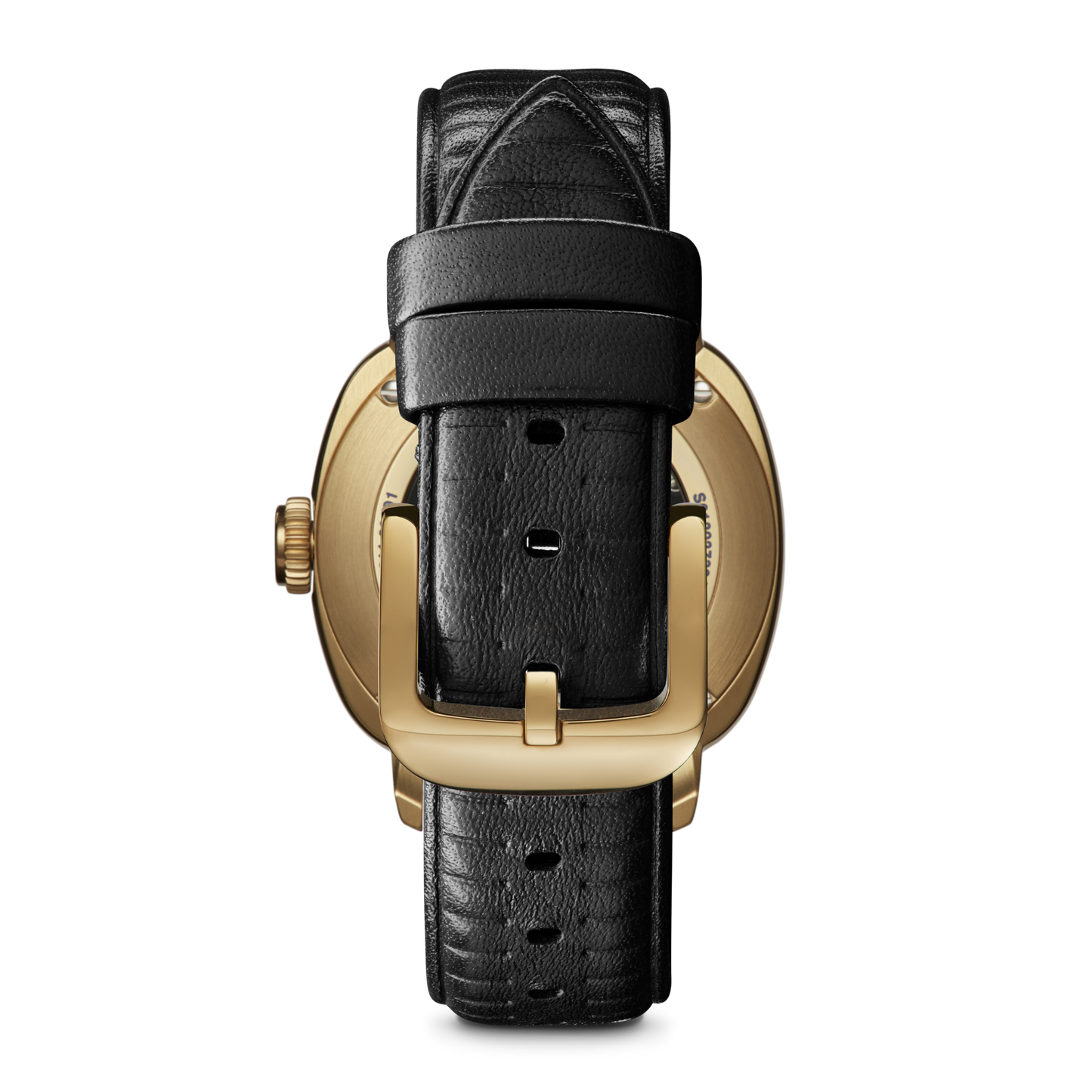 The Shinola Mechanic Watch - Black/Gold features a black leather strap with a gold buckle, shown from the back to highlight the adjustable holes and buckle details against a white background.