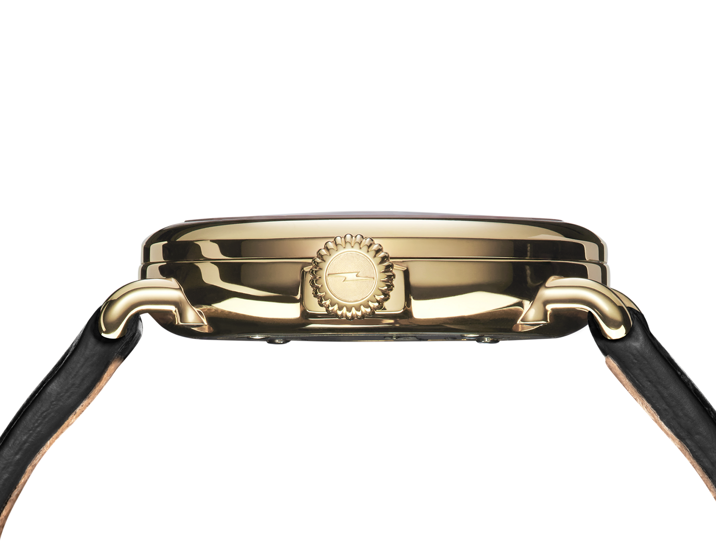 Side view of the Shinola Runwell Watch - Alabaster featuring a gold stainless steel case, black leather strap, and sunburst design crown, set against a plain white background.