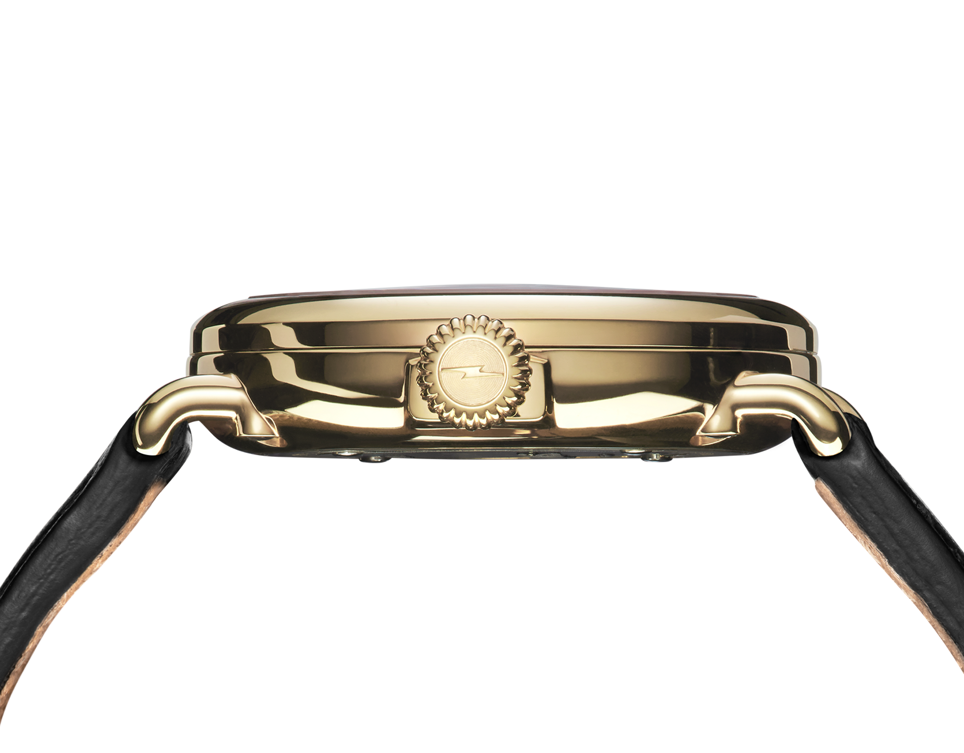 Side view of the Shinola Runwell Watch - Alabaster featuring a gold stainless steel case, black leather strap, and sunburst design crown, set against a plain white background.
