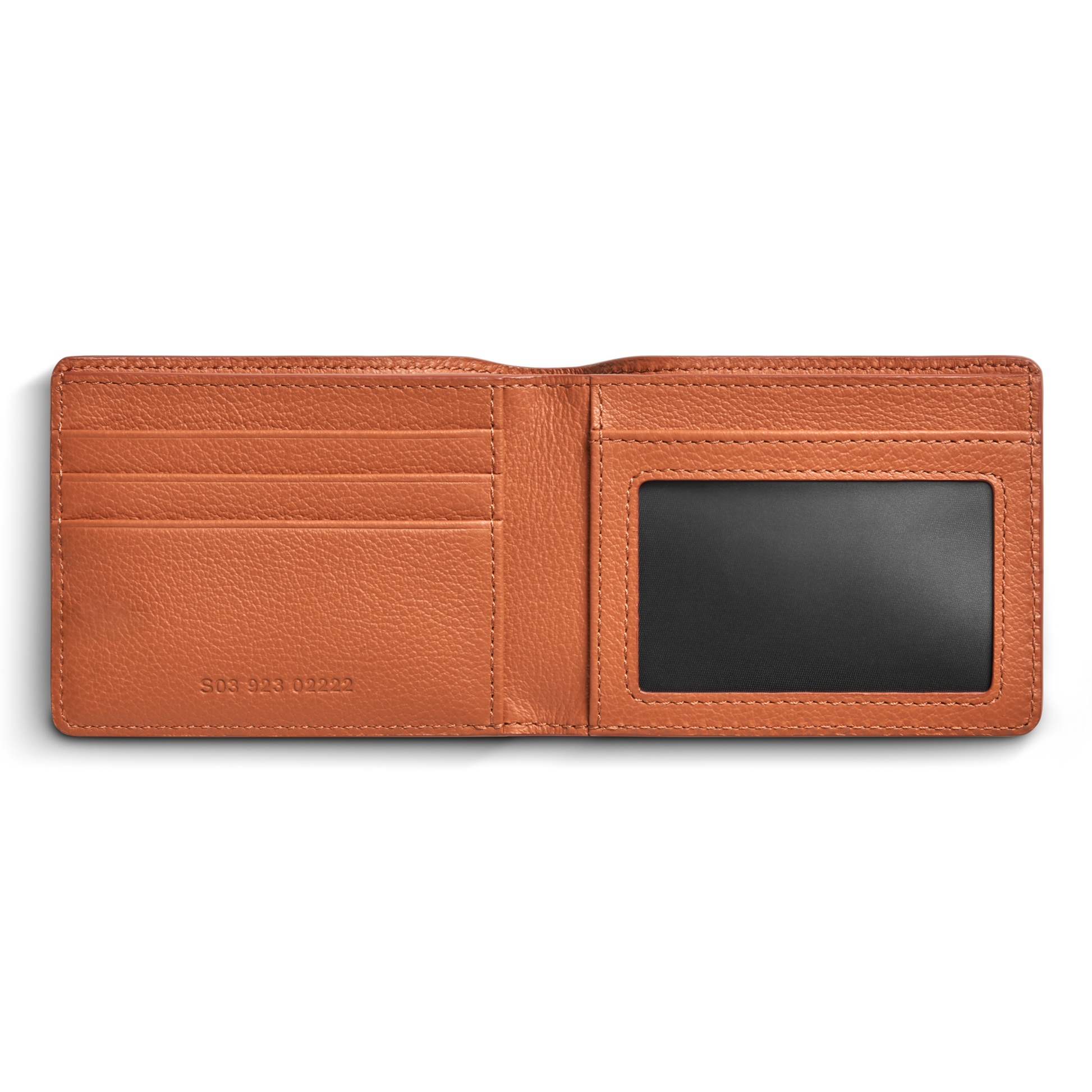 The Shinola Canfield ID Bifold - Rust features pebbled brown leather, card slots on the left, a clear ID window on the right, and a clean, textured design.