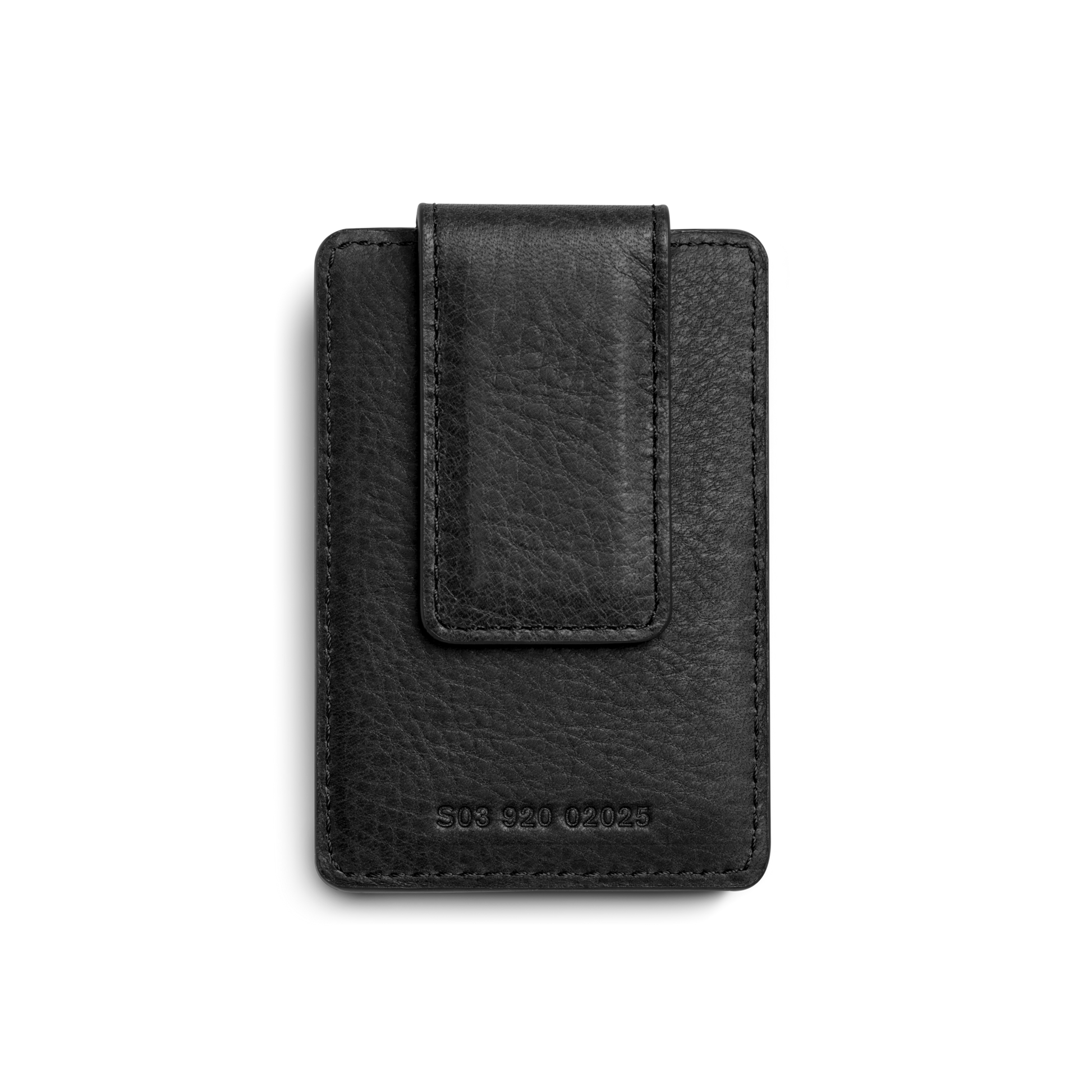 The Shinola Magnetic Money Clip Card Holder - Black features a rectangular, black leather design with credit card slots and a stitched front flap, set against a plain light gray background. Embossed numbers appear near the bottom edge.