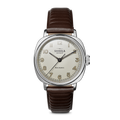 The Shinola Mechanic Watch - Alabaster features a hand-wound movement, round white dial with gold numerals, silver case, and brown leather strap. “MECHANIC” is above 6 o’clock. Displayed on a white background.