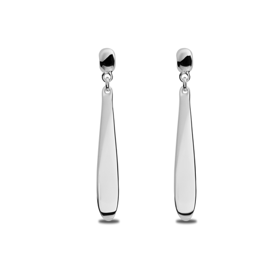 The Shinola Elongated Teardrop Earrings feature polished sterling silver pendants in an elegant elongated teardrop shape, suspended from small rounded studs and shown on a plain white background.