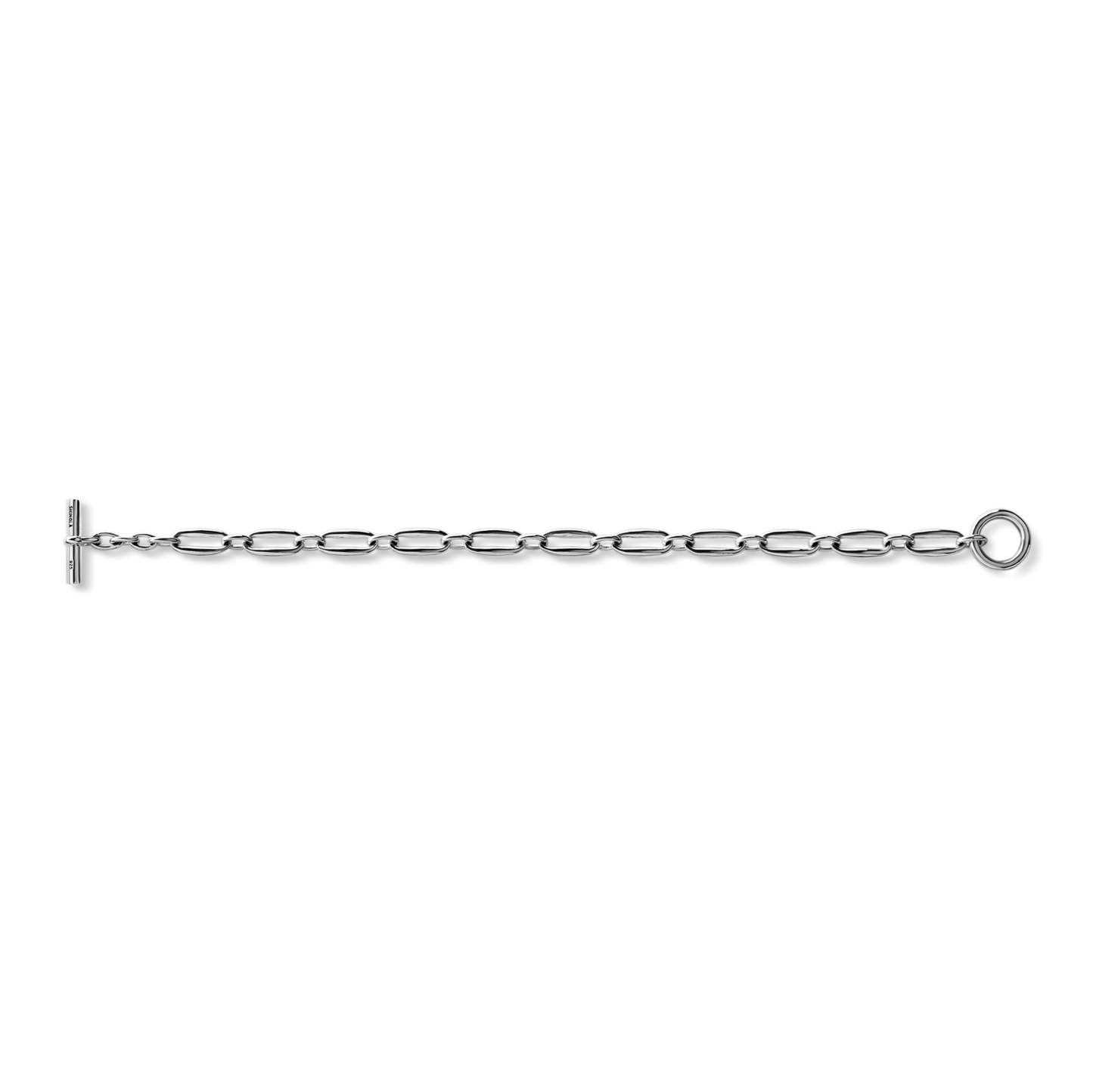 The Shinola Signature Link Bracelet - Sterling Silver, featuring oval links and a T-bar clasp with a circular loop, is displayed against a white background.