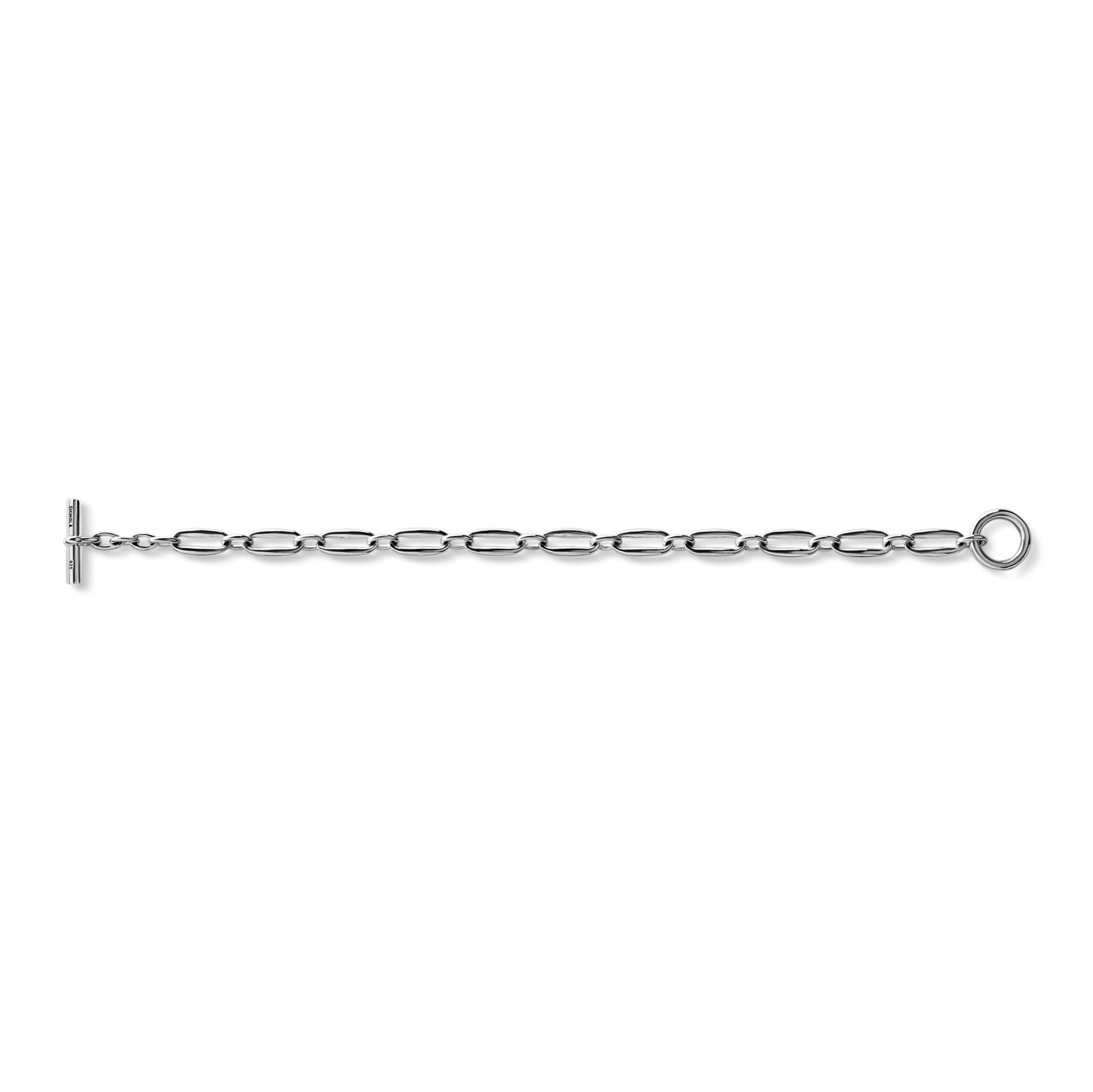 The Shinola Signature Link Bracelet - Sterling Silver, featuring oval links and a T-bar clasp with a circular loop, is displayed against a white background.