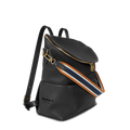 The Shinola Convertible Pocket Backpack - Brand Stripe / Black features gold hardware, a zippered top, and an adjustable navy, white, and brown striped strap. The front displays the Shinola Detroit logo—ideal for hands-free style.