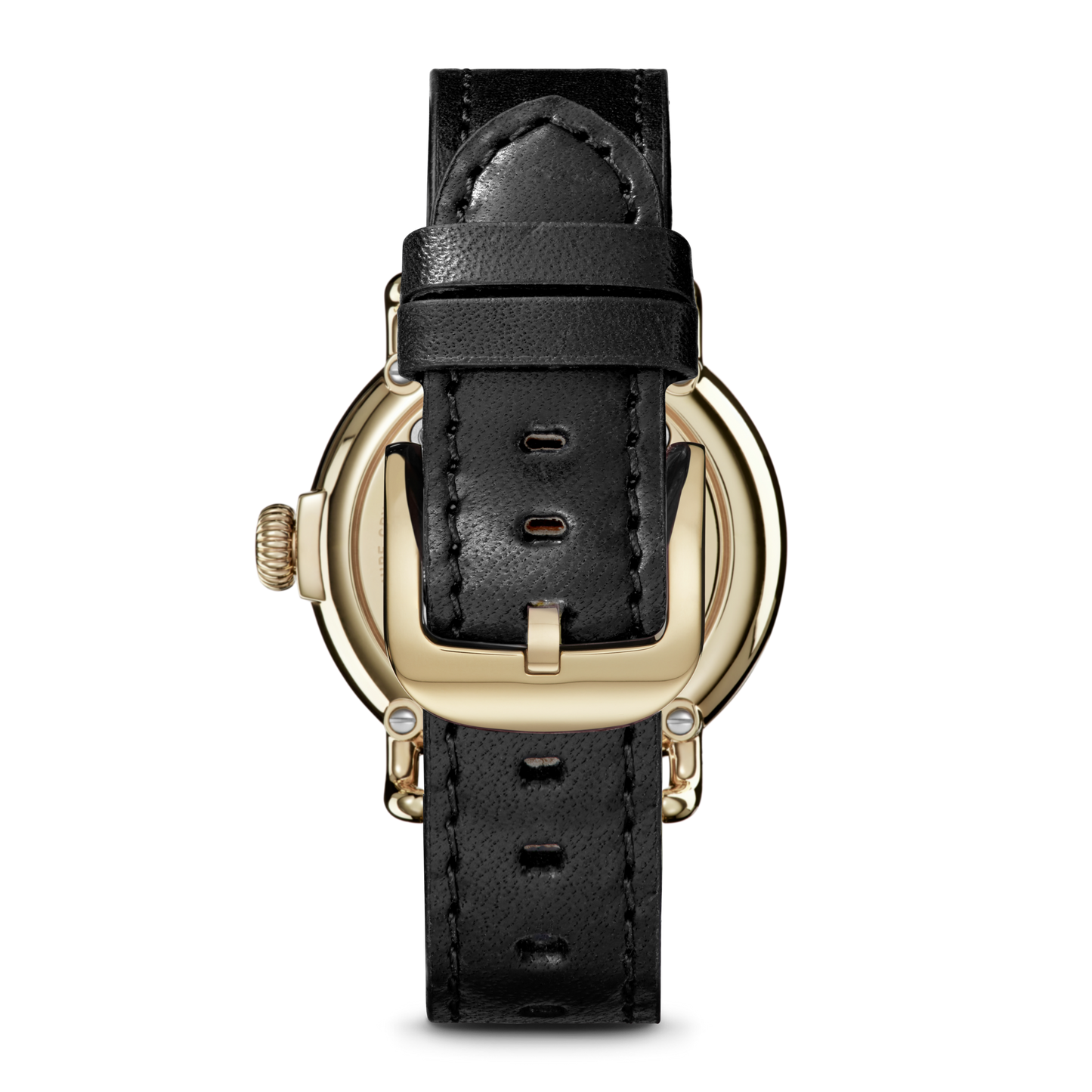 A close-up of the Shinola Runwell Watch - MOP Black Leather Strap shows its gold buckle, detailed stitching, and gold stainless steel case. The crown is visible on the left side.