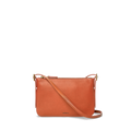 The Small Bixby Crossbody in Rust by Shinola is a small, rectangular bag crafted from natural leather with an adjustable strap and zippered top. The SHINOLA logo is printed near the bottom, making it a stylish everyday accessory.