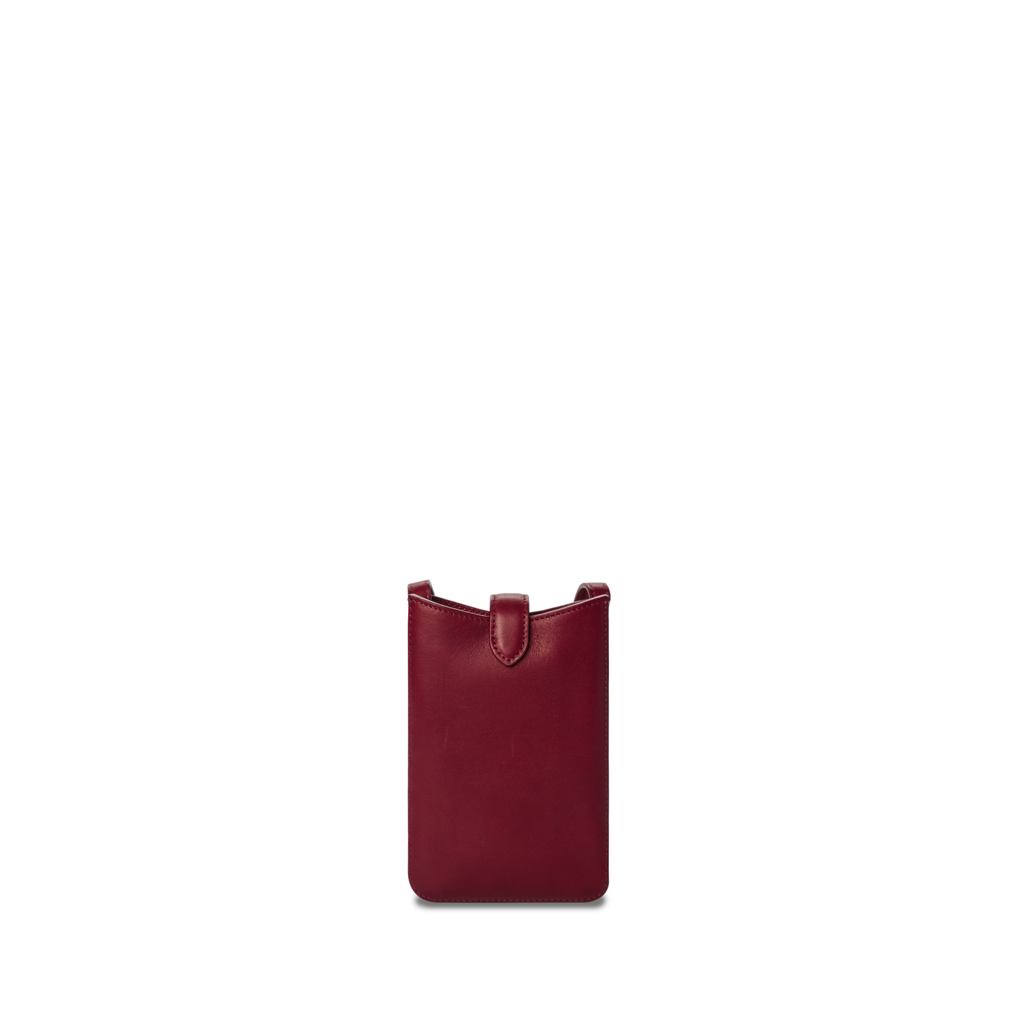 The Shinola Bixby Phone Crossbody in Ruby is a small, rectangular natural leather pouch with a simple flap closure, shown upright against a plain white background.