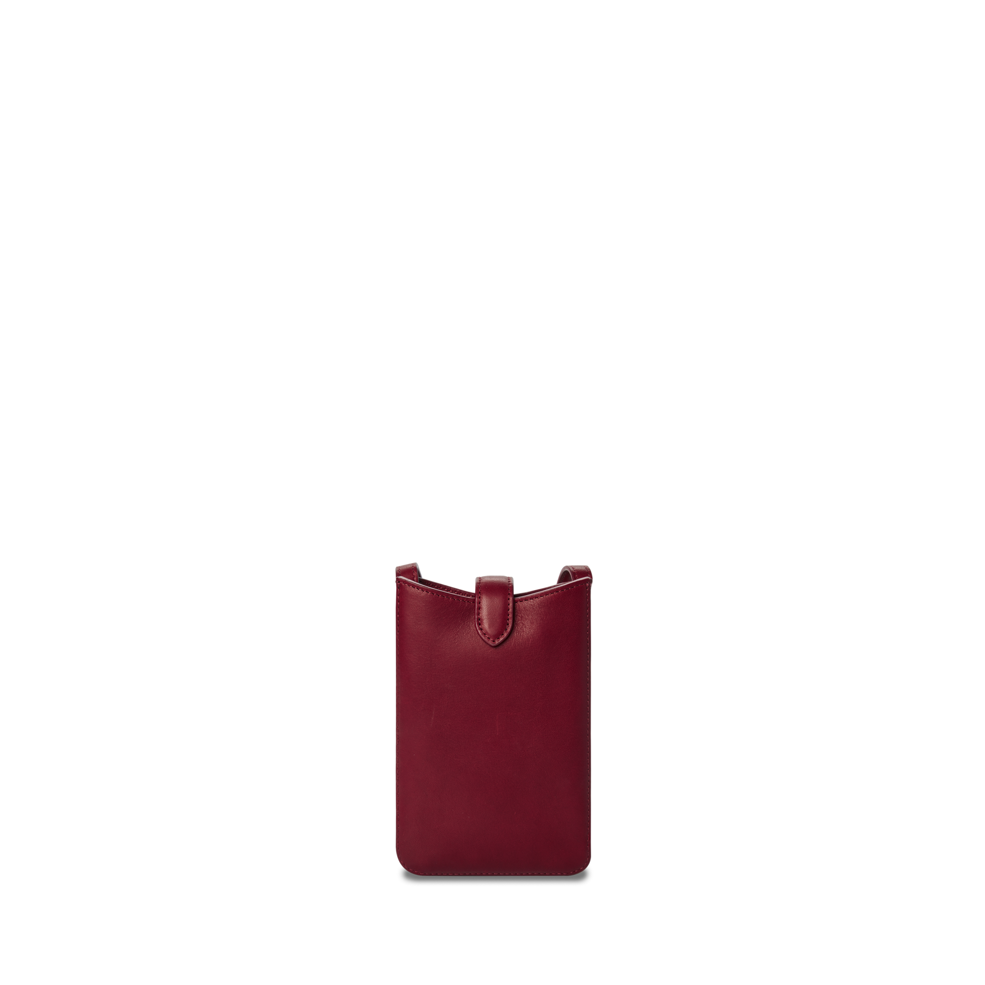 The Shinola Bixby Phone Crossbody in Ruby is a small, rectangular natural leather pouch with a simple flap closure, shown upright against a plain white background.