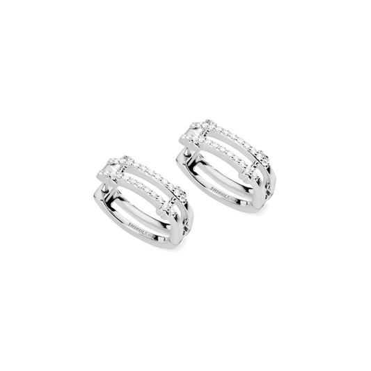 From Shinola’s Rivet Collection, the Diamond Pave Rivet Double Row Hoop Earrings in 14k white gold feature two rows of sparkling diamonds and a polished finish—an elegant upgrade for any look.