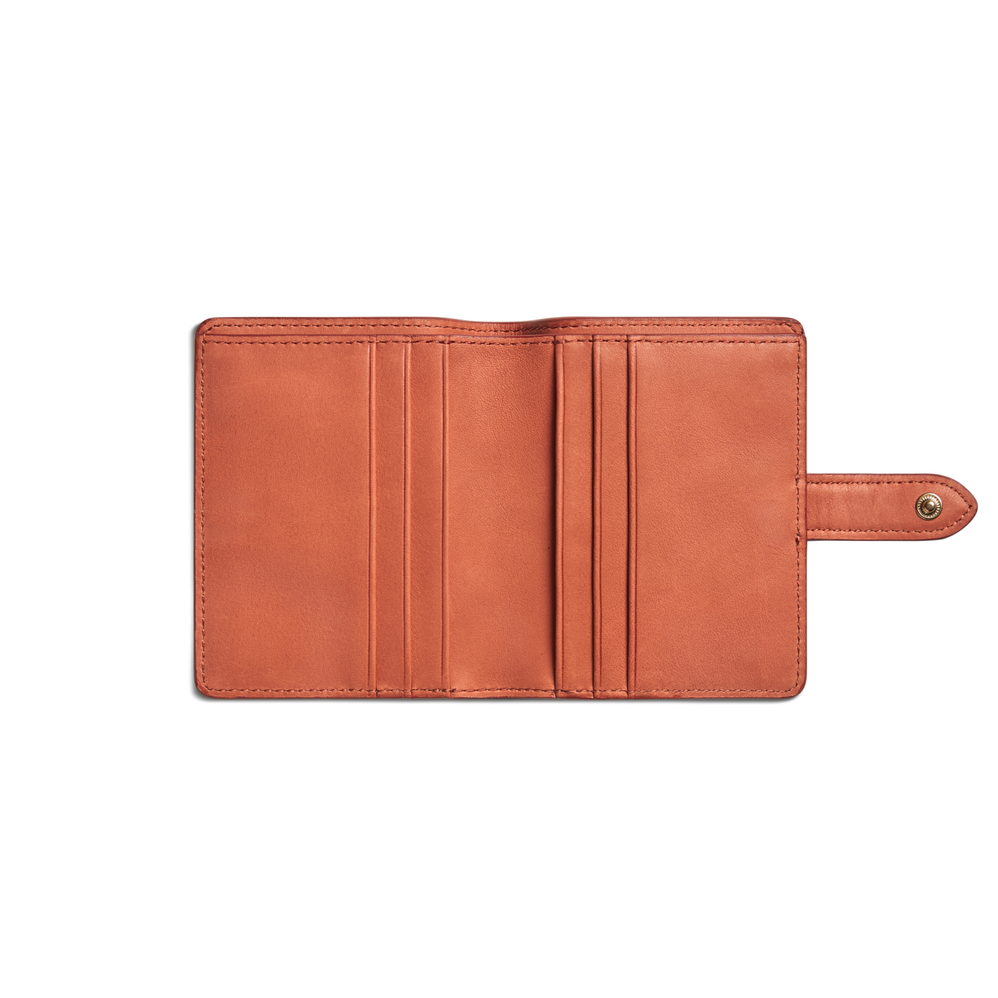 The Small Snap Wallet - Rust by Shinola, made from natural leather, features vertical card slots and a snap button tab, shown against a plain white background.