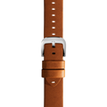 A close-up of the Shinola 20mm Tan Leather Watch Strap, showcasing its silver buckle, hand-sewn details, two loops, and evenly spaced holes, made in the USA and set against a plain white background.