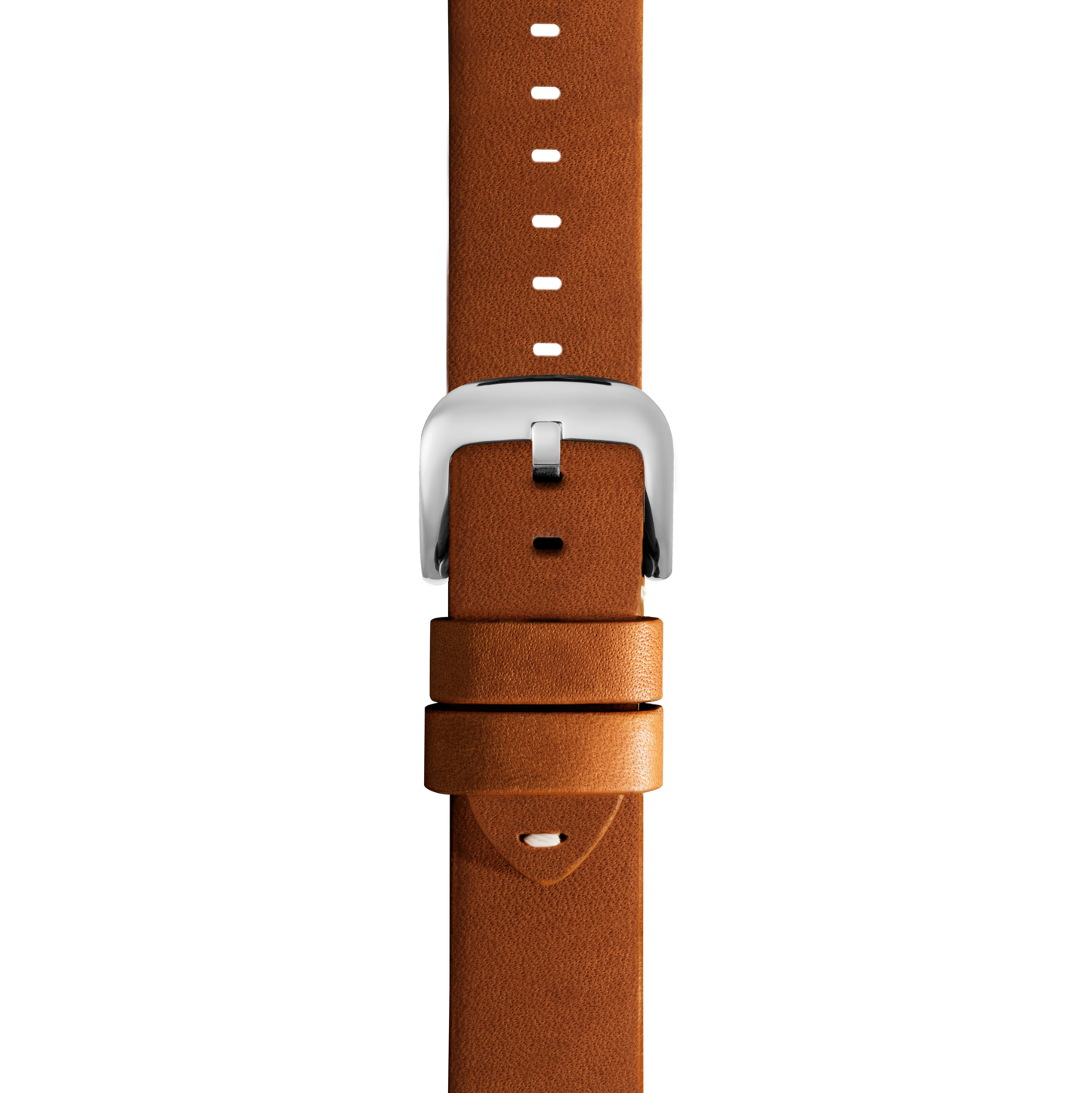 A close-up of the Shinola 20mm Tan Leather Watch Strap, showcasing its silver buckle, hand-sewn details, two loops, and evenly spaced holes, made in the USA and set against a plain white background.