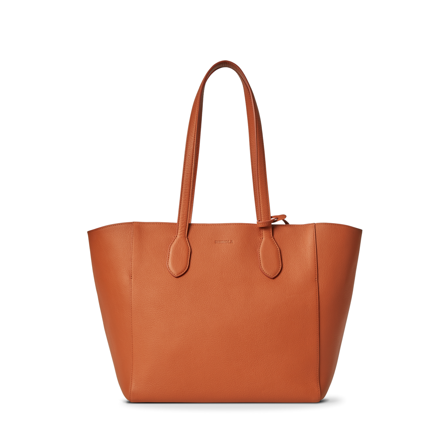 The Shinola Runabout Tote Bag - Rust is crafted from brown pebbled leather, has two straps, an embossed front logo, and includes an interior zipper pouch for convenience.