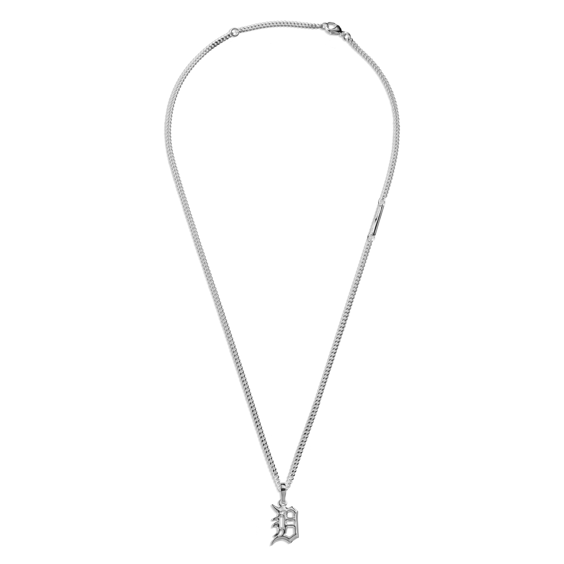 The Shinola Chunky Detroit "D" Necklace is a sterling silver chain with an ornate gothic Olde English D pendant, inspired by classic Detroit styles, shown on a white background.