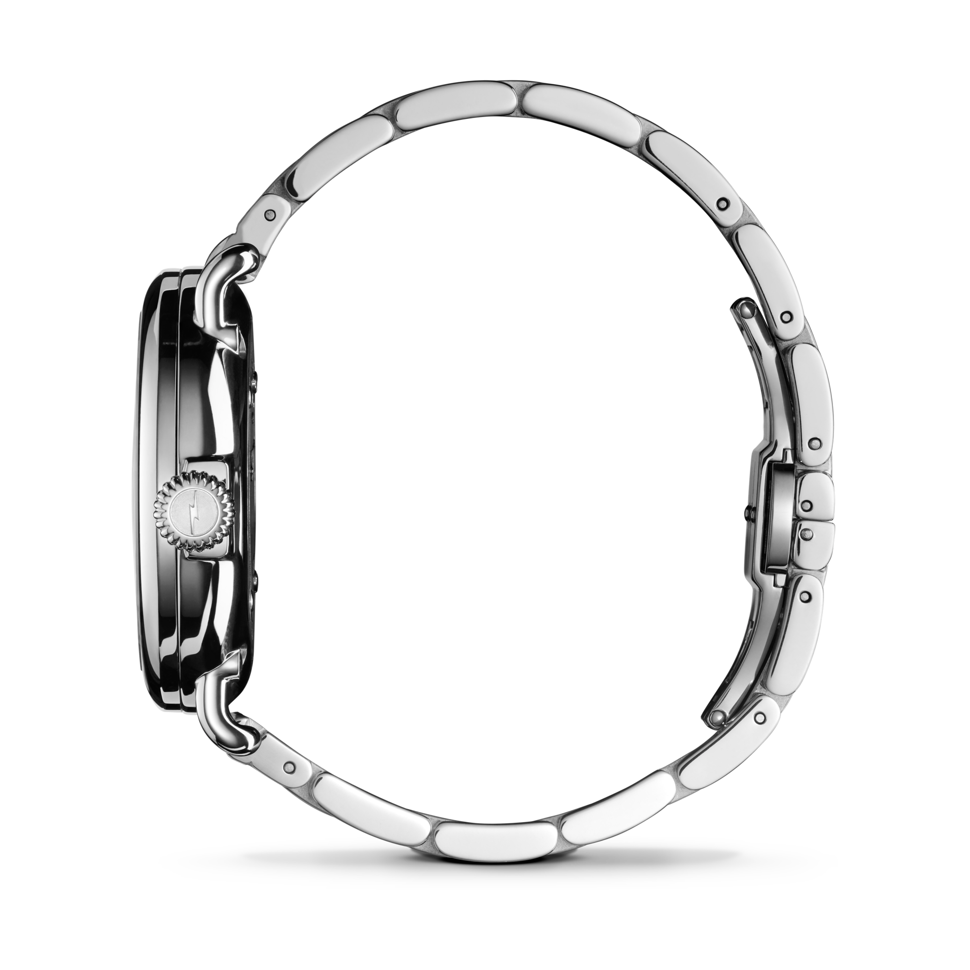 A side view of the Shinola Runwell Watch - Cadet Blue, featuring a stainless-steel bracelet and round crown, photographed against a plain white background.