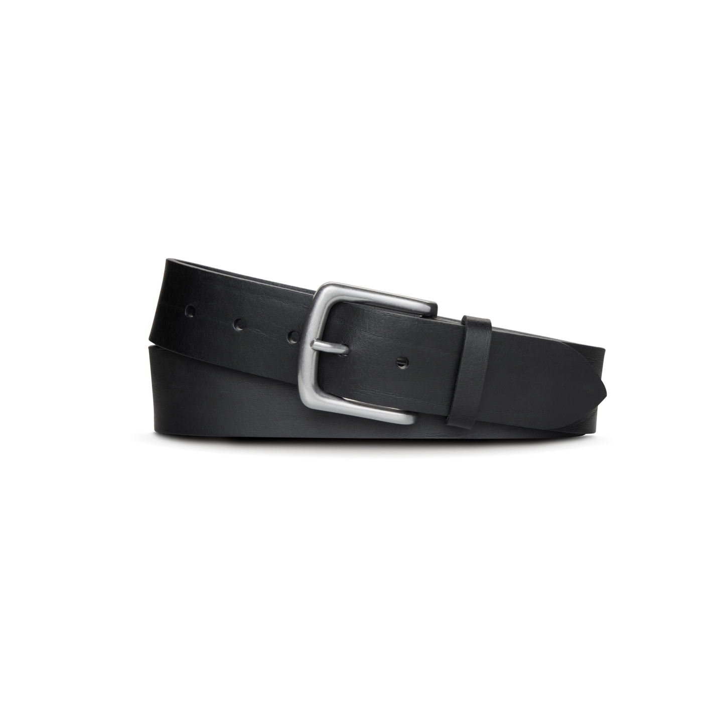 The Shinola 1 1/2" Essential Belt in black natural leather showcases a silver rectangular buckle, coiled neatly on a plain white background.