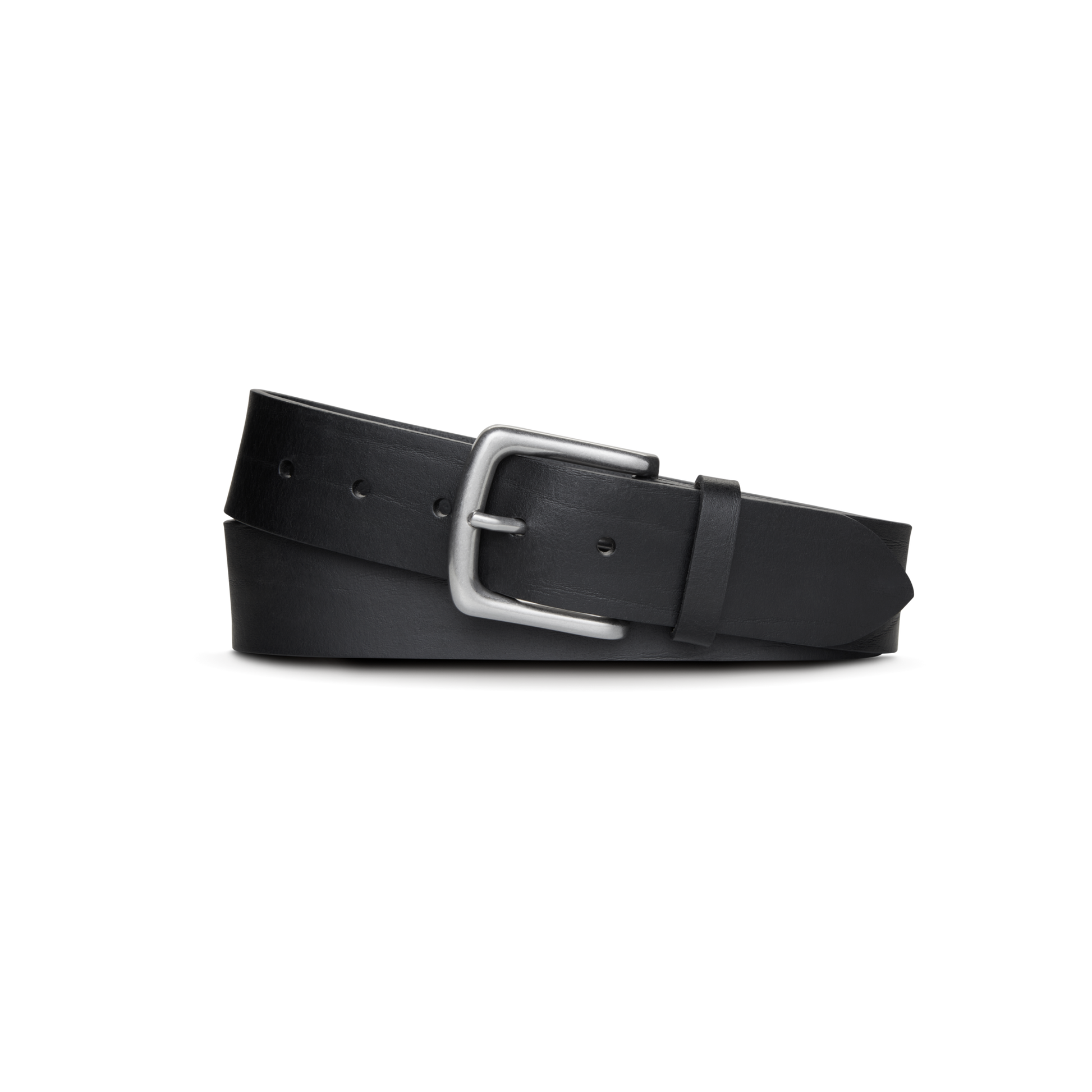 The Shinola 1 1/2" Essential Belt in black natural leather showcases a silver rectangular buckle, coiled neatly on a plain white background.