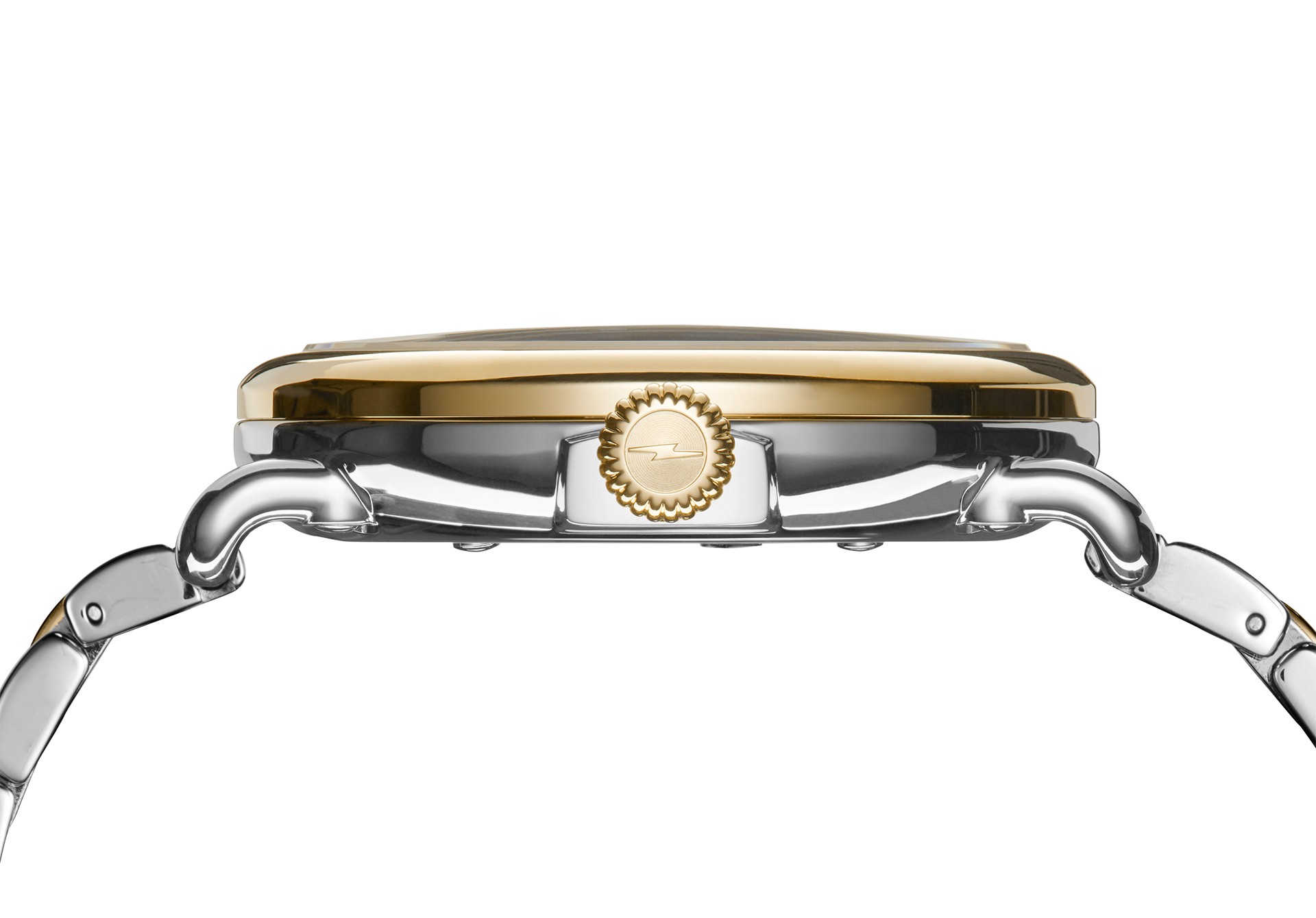 Side view of the Shinola Runwell Watch - Mother Of Pearl, showing a gold and silver case with a textured crown on a two-tone stainless steel bracelet. The watch face is not visible.