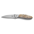 The Shinola + Kershaw Petoskey Stone Pocket Knife - Petoskey features a silver blade and a brown patterned handle with two thin gold bands, shown open against a white background.